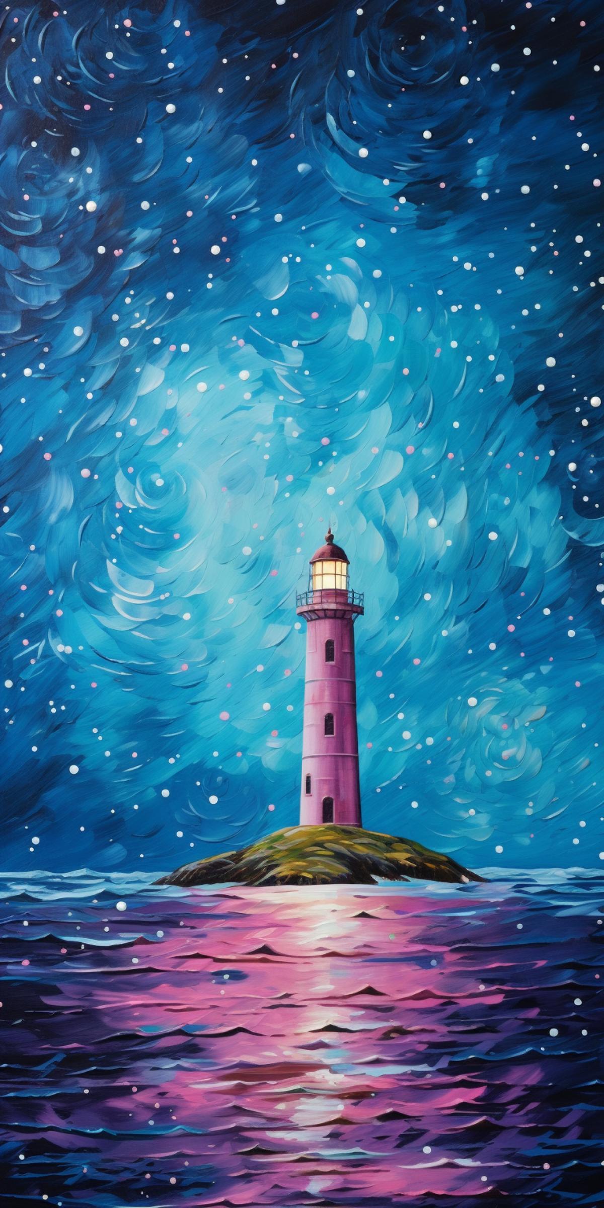 Pink lighthouse against a blue sky and falling stars, Van Gogh style