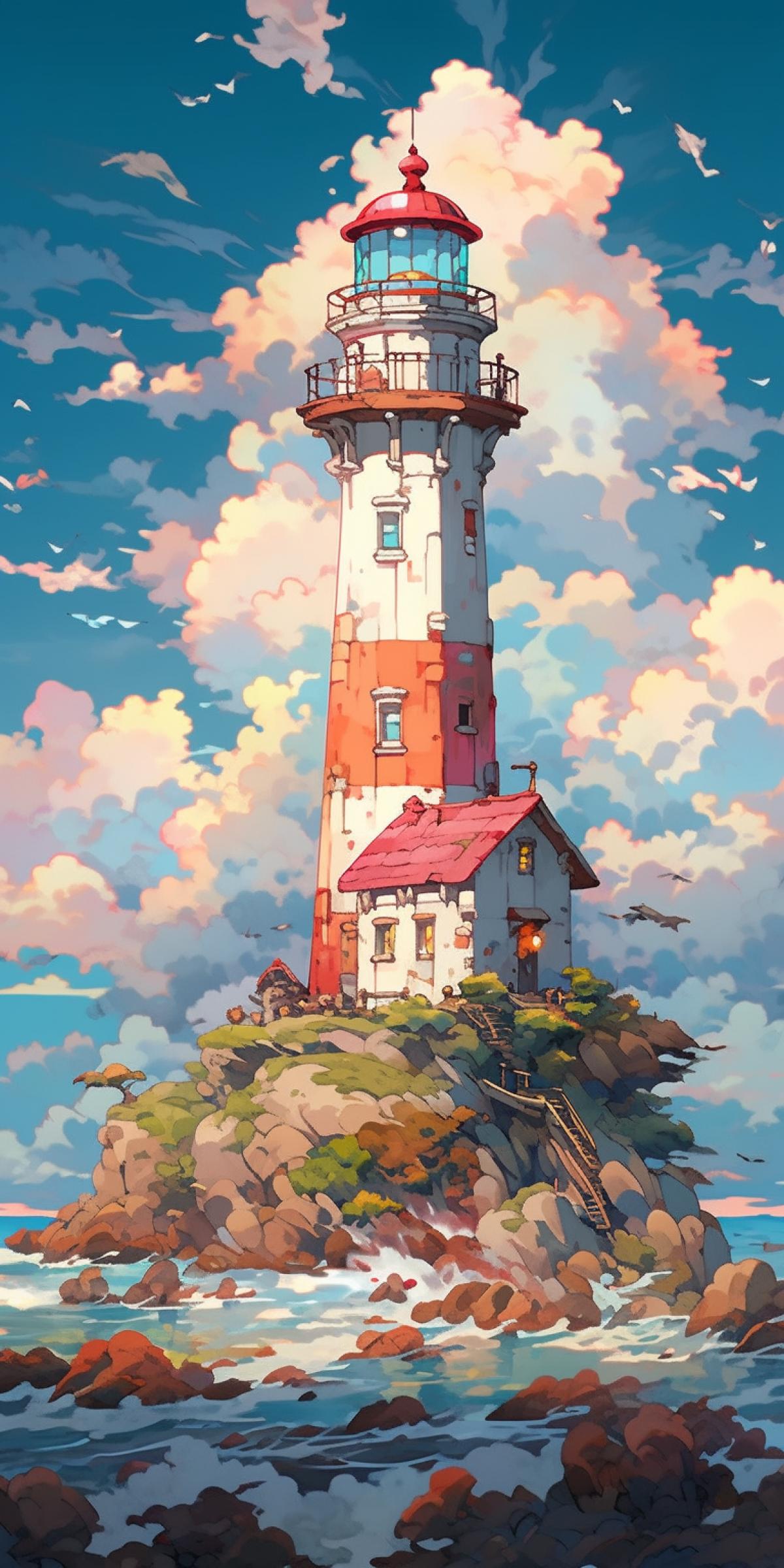 Lighthouse by the sea in the style of Hayao Miyazaki