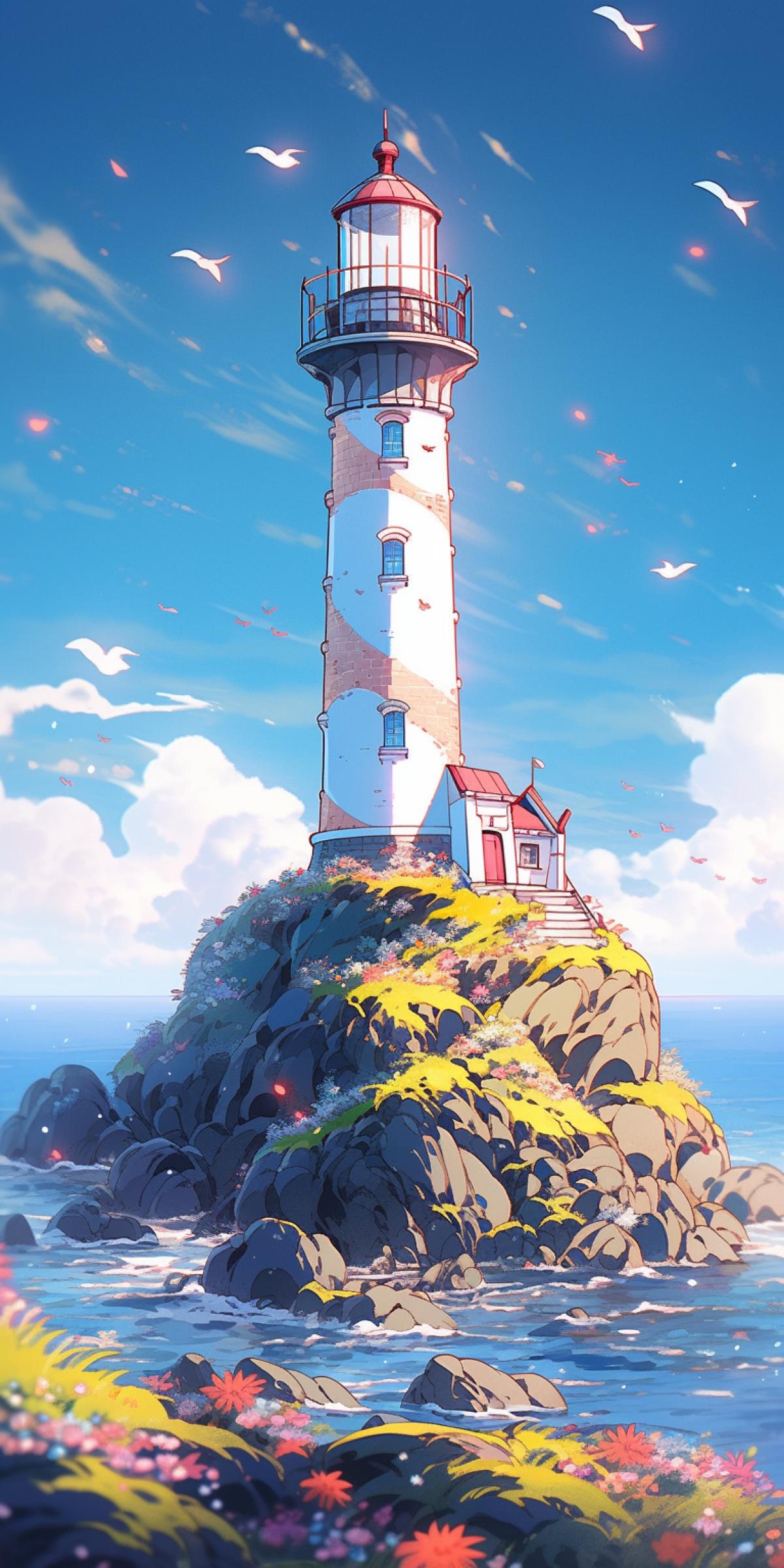 Lighthouse by the sea in the style of Hayao Miyazaki