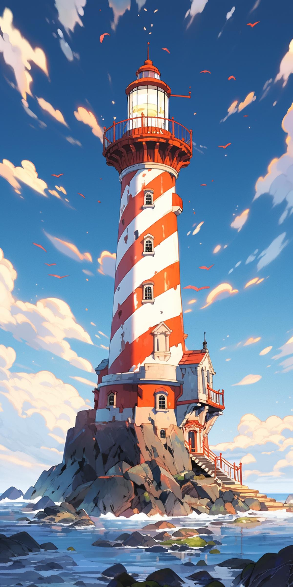 Lighthouse by the sea in the style of Hayao Miyazaki