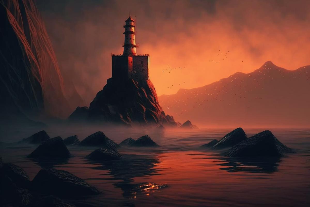 Ancient lighthouse on the rocks in the sea, haze, dawn, mysteriously