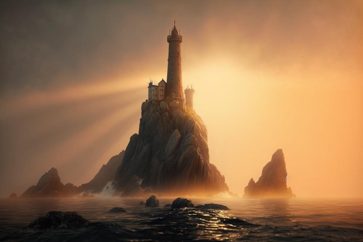 Ancient lighthouse on the rocks in the sea, haze, dawn, mysteriously