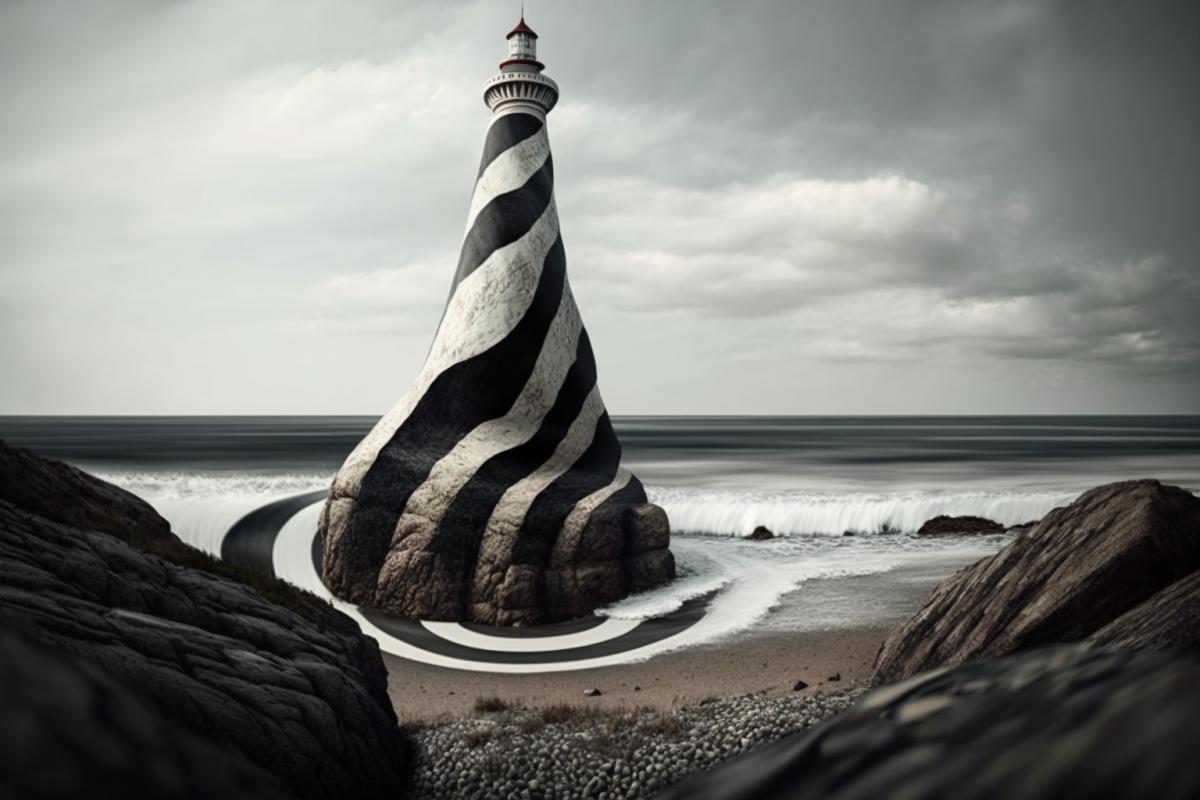 Sea lighthouse on a rock in the style of Tim Burton