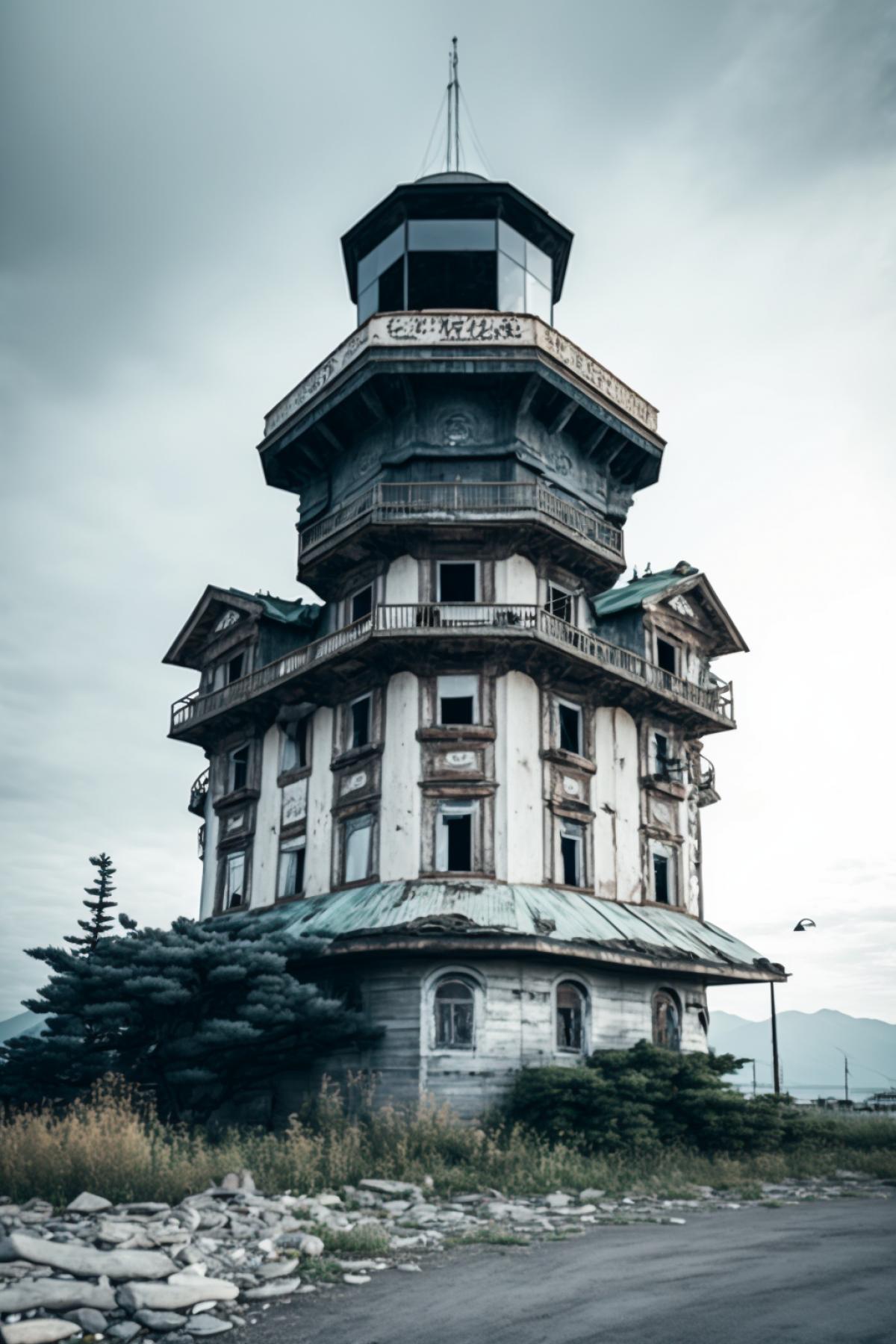 old abandoned Japanese lighthouse on Sakhalin, overcast, professional photography