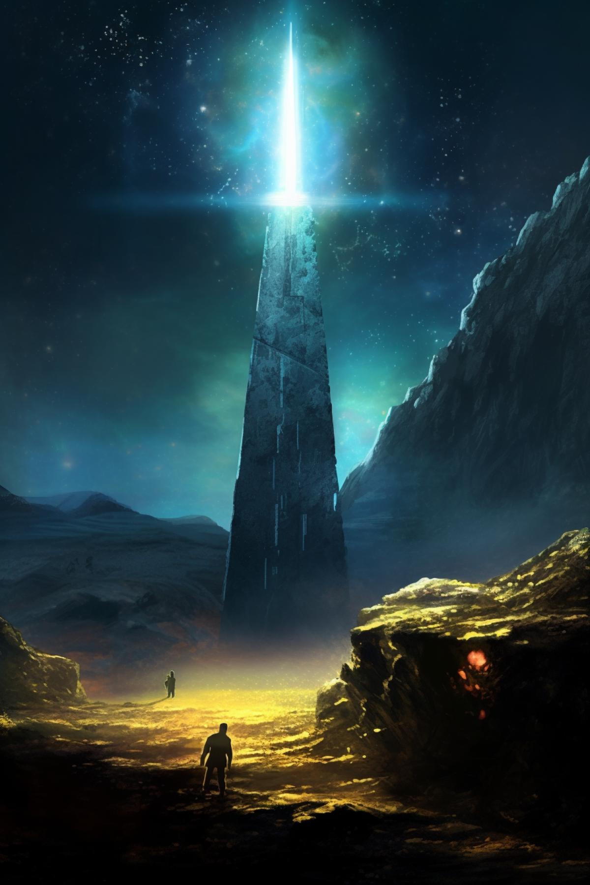 distant future, space, a space beacon stands on an asteroid, a bright light shines from it through the star nebula for spaceships