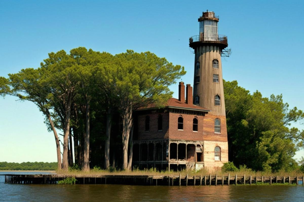 Abandoned wooden lighthouse on the island