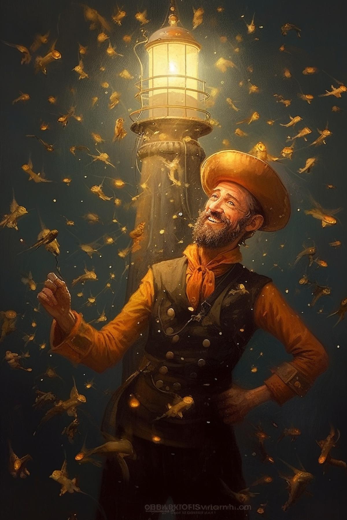 Cheerful lighthouse man around him fireflies luminous lighthouse man, baroque
