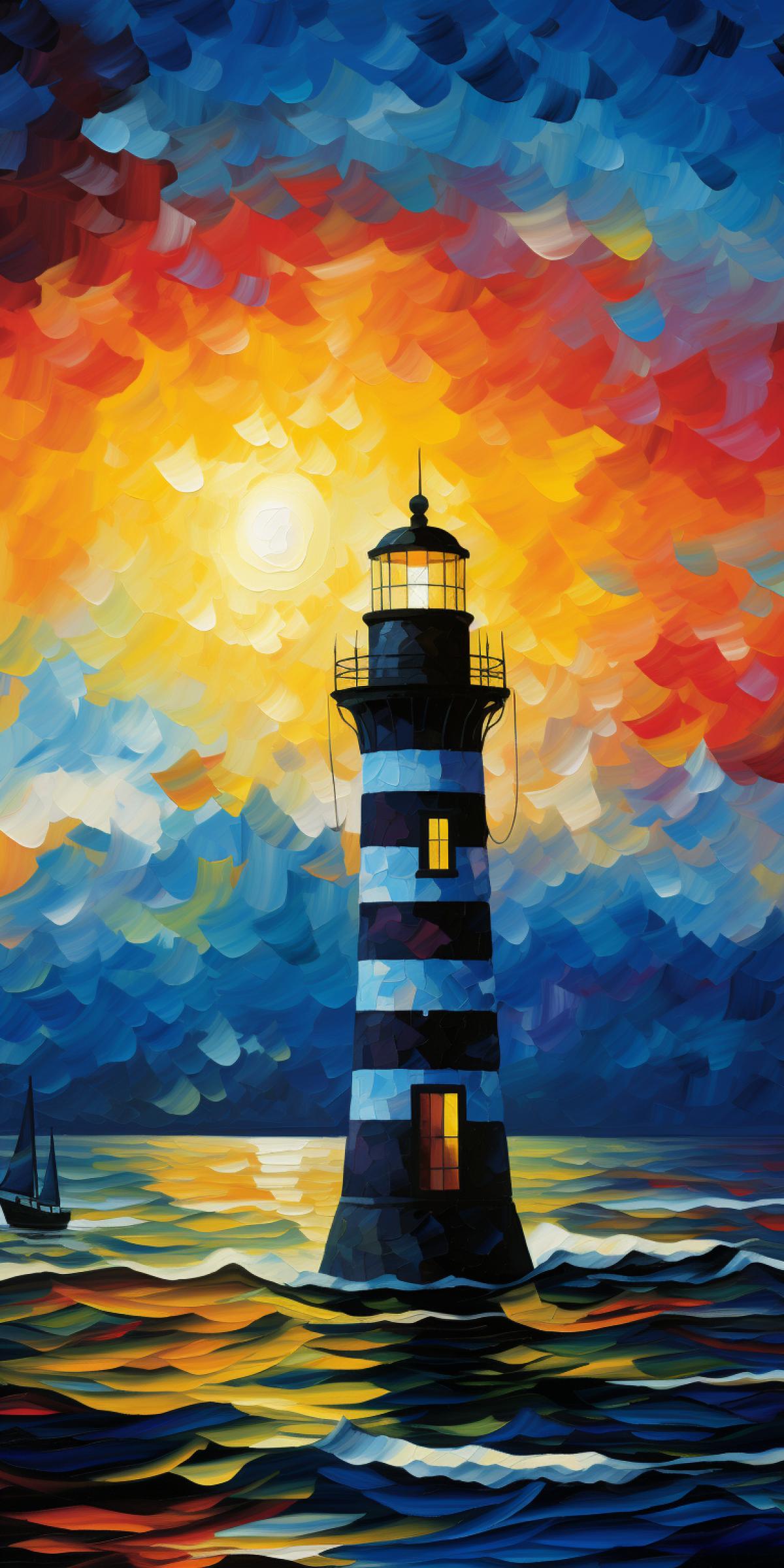 Piet Mondrian Art superim4kd on a Beautiful Landscape oil painting masterpiece In the style of Beksinski and Leonid Afremov, coastal landscape, lighthouse, , starry Night, Pattern, mystical, Yaacov Agam, paper quilling, paper art