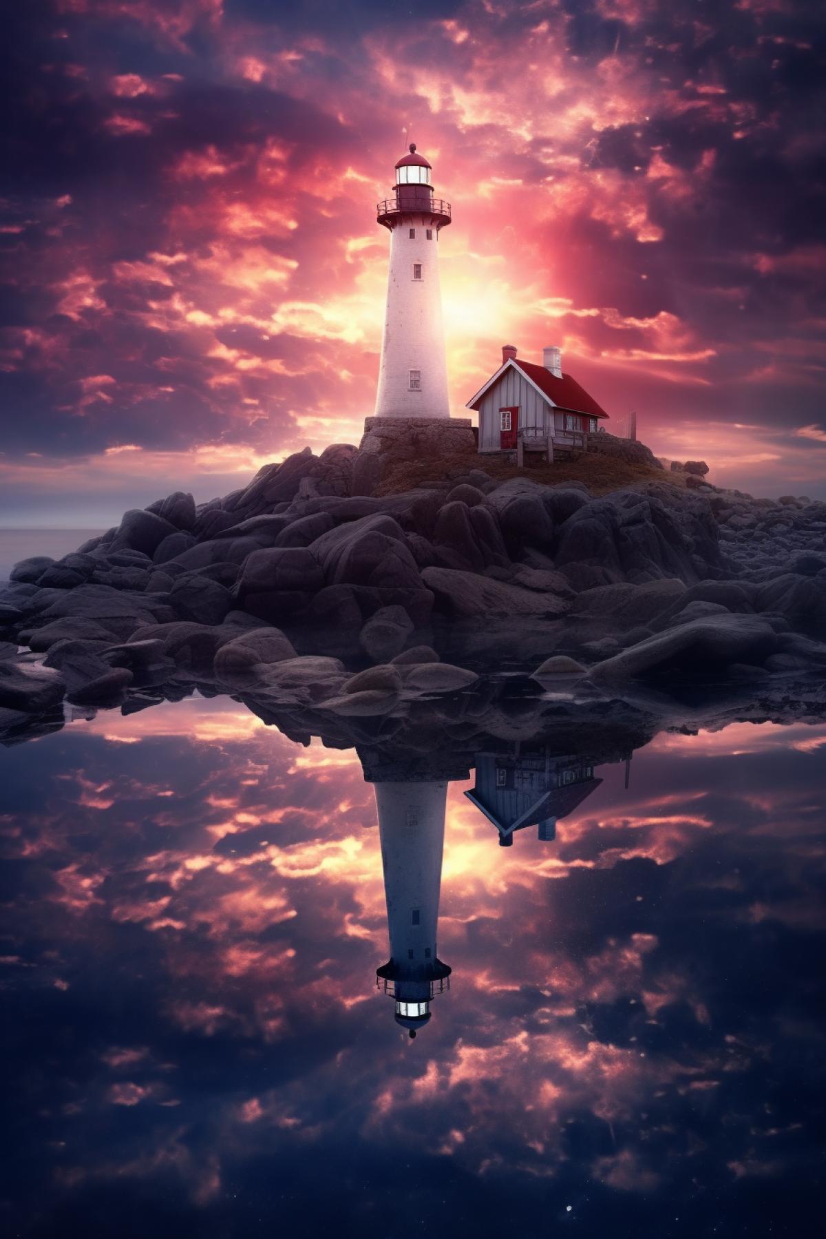 A magnificent shining lighthouse sits at the edge of the known universe in a reflective pond of cosmic stars, cinematic, atmospheric, 8K, mystical, dynamic lighting, landscape photography by Marc Adamus