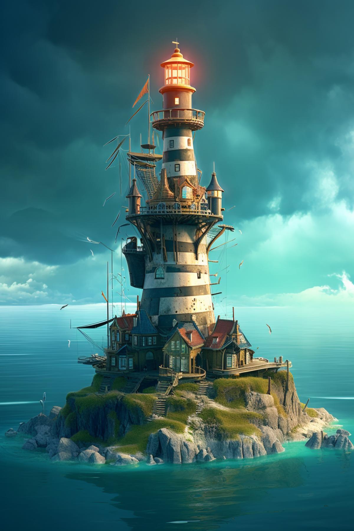 Futuristic lighthouse in the sea on the island next to the Rococo ship