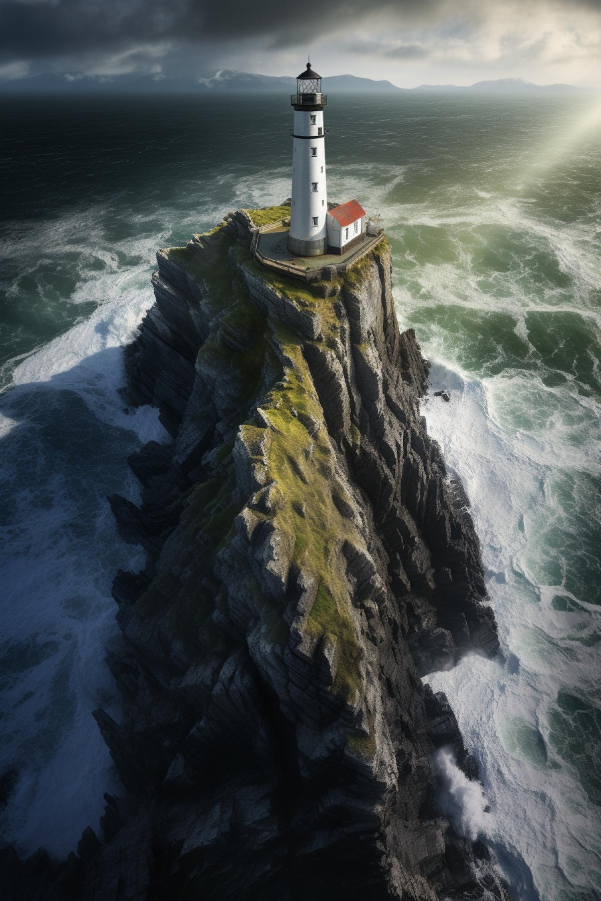 Drone photography, aerial view, Beautiful lighthouse on a cliff, Coastal rocky, cliffs, waves, Hyperdetailed, Beautiful landscape, Surreal, ocean, Stormy, Beautiful lighting, shadows, Chiaroscuro, Hdr, 8k, wallpaper, Ivan Shishkin, Dustin Lefevre, intricate detail, Photorealistic, Albert bierstadt