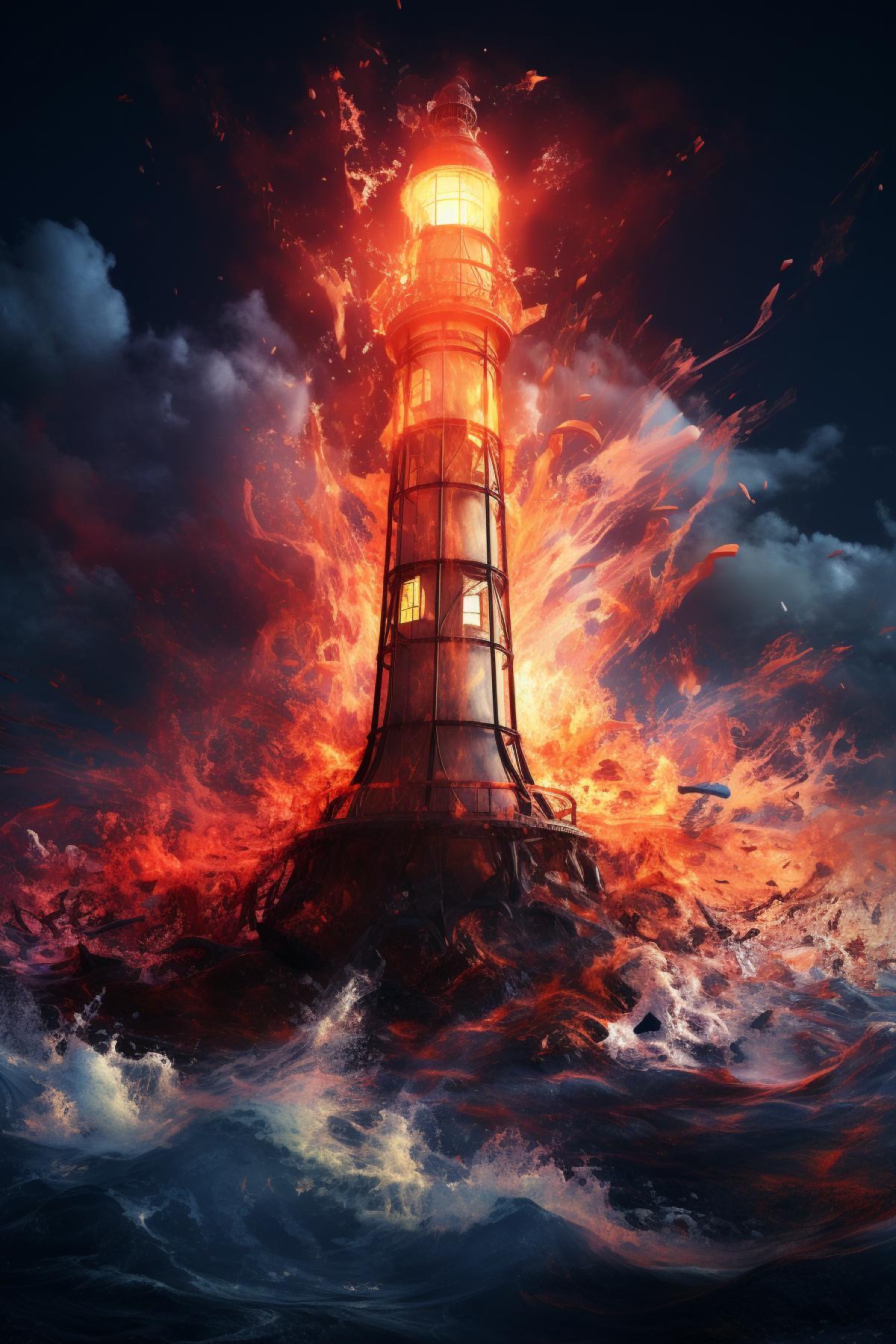 aerial phtogoraphy, a tall lighthouse on a sea of flames and lava, flames breaking around, graceful architecture, prophoto rgb, long shot, editorial 4k, sharp focus, octane render, insanely detailed, dribble, minor neon lighting, futurism