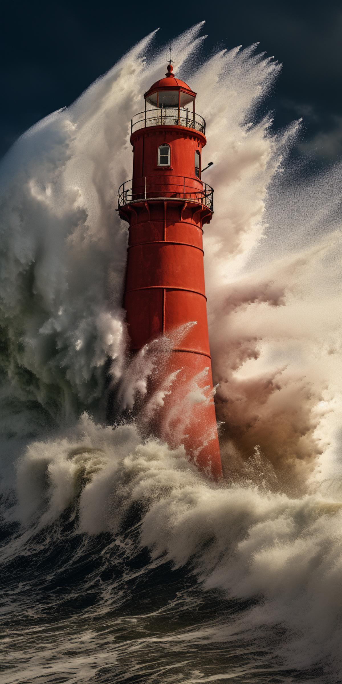 raw photo, big wave with a lighthouse on the ocean, mega splash into the cumulonimbus clouds, in the style of elke vogelsang, focus stacking, rui palha, nikon d850, kodak aerochrome, edoardo tresoldi, monumental scale, photorealism