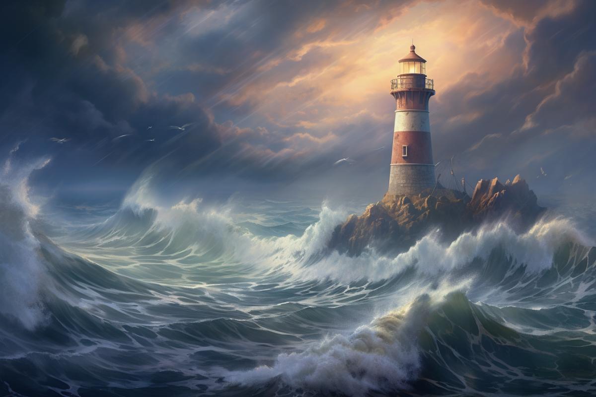 lighthouse overlooking ocean, dramatic, cinematic, volumetric lighting, 8k, small detail, ultra realistic, Thomas Kincade style, oil painting,