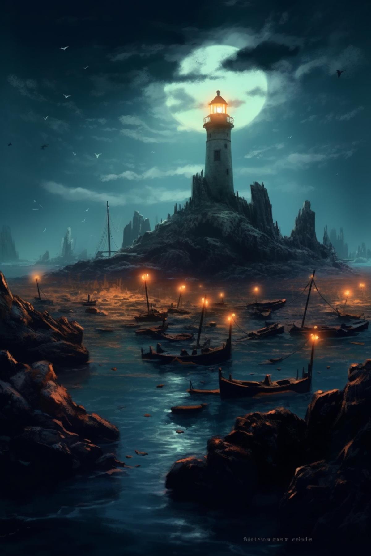 Cemetery of wrecked ships near the island with a glowing lighthouse