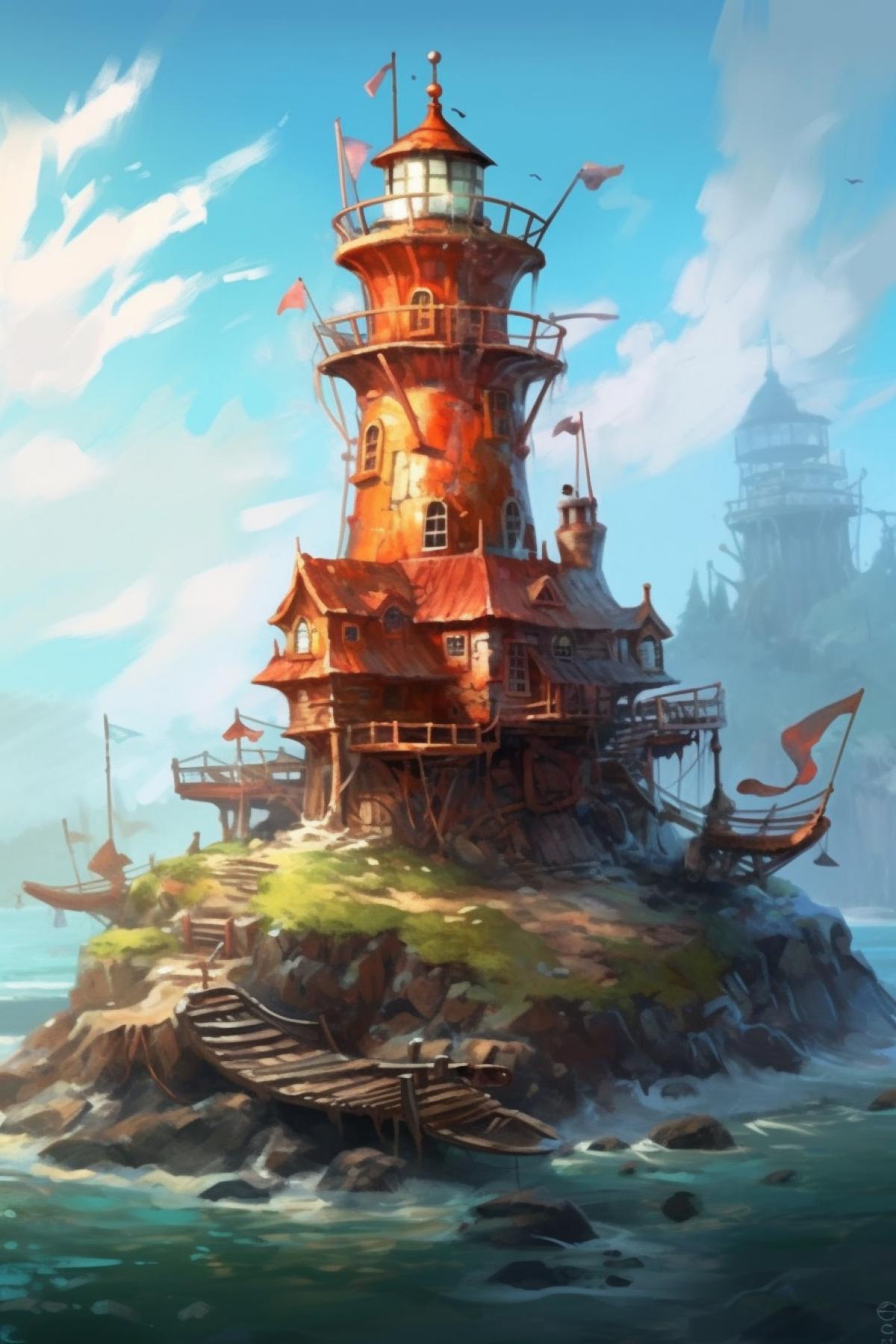 Broken pirate ship near the island with a lighthouse turned on, steampunk, fantasy, day, bright juicy colors