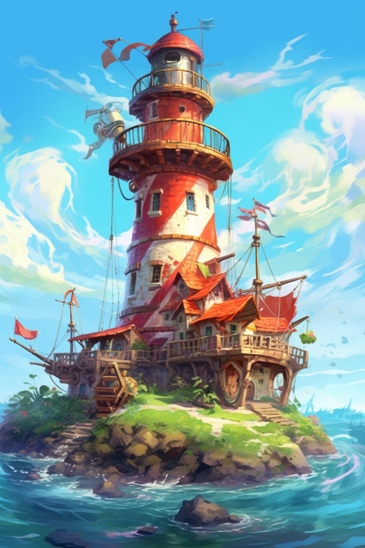 Broken pirate ship near the island with a lighthouse turned on, steampunk, fantasy, day, bright juicy colors