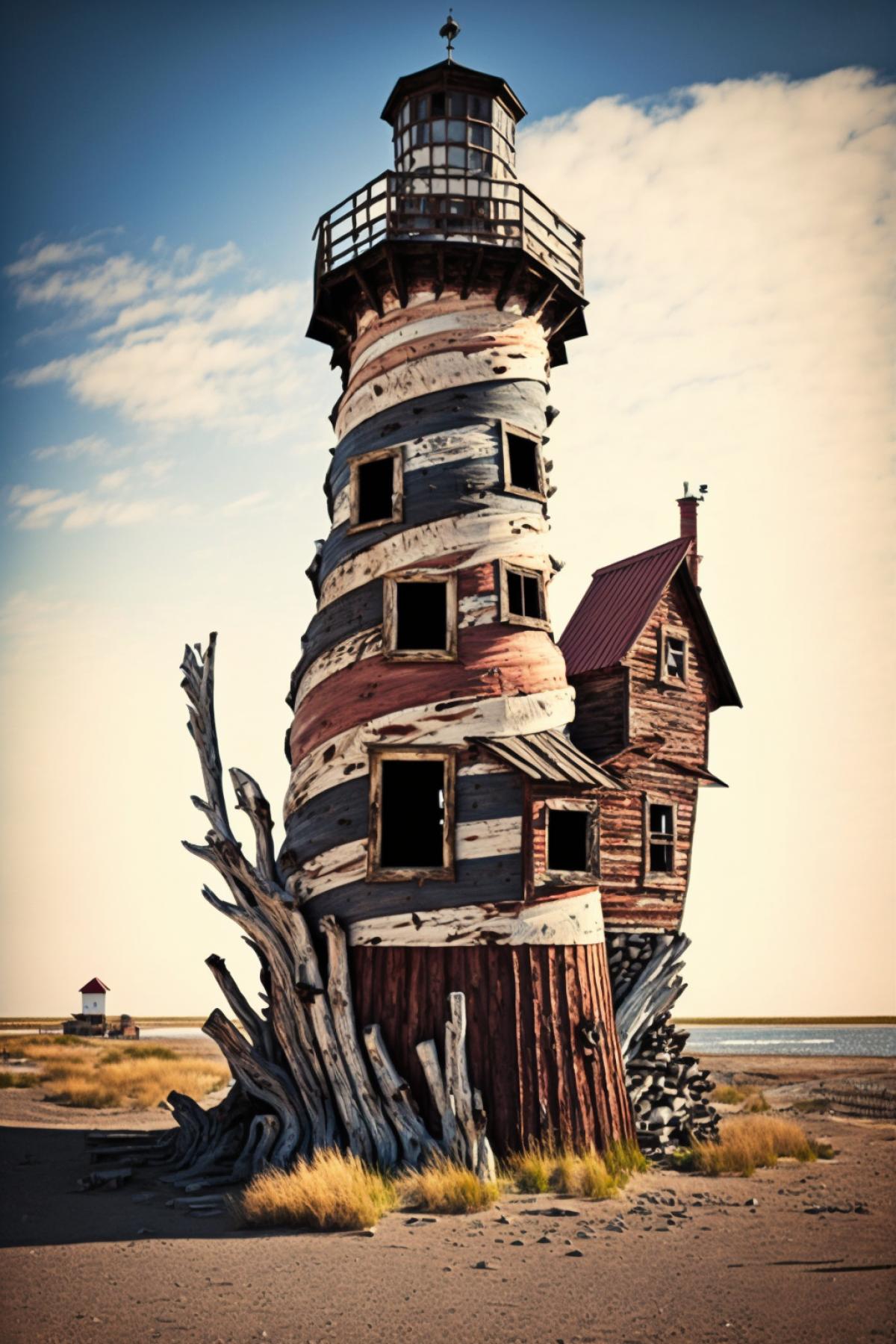 old wooden lighthouse, built of logs, on the shores of the Kara Sea