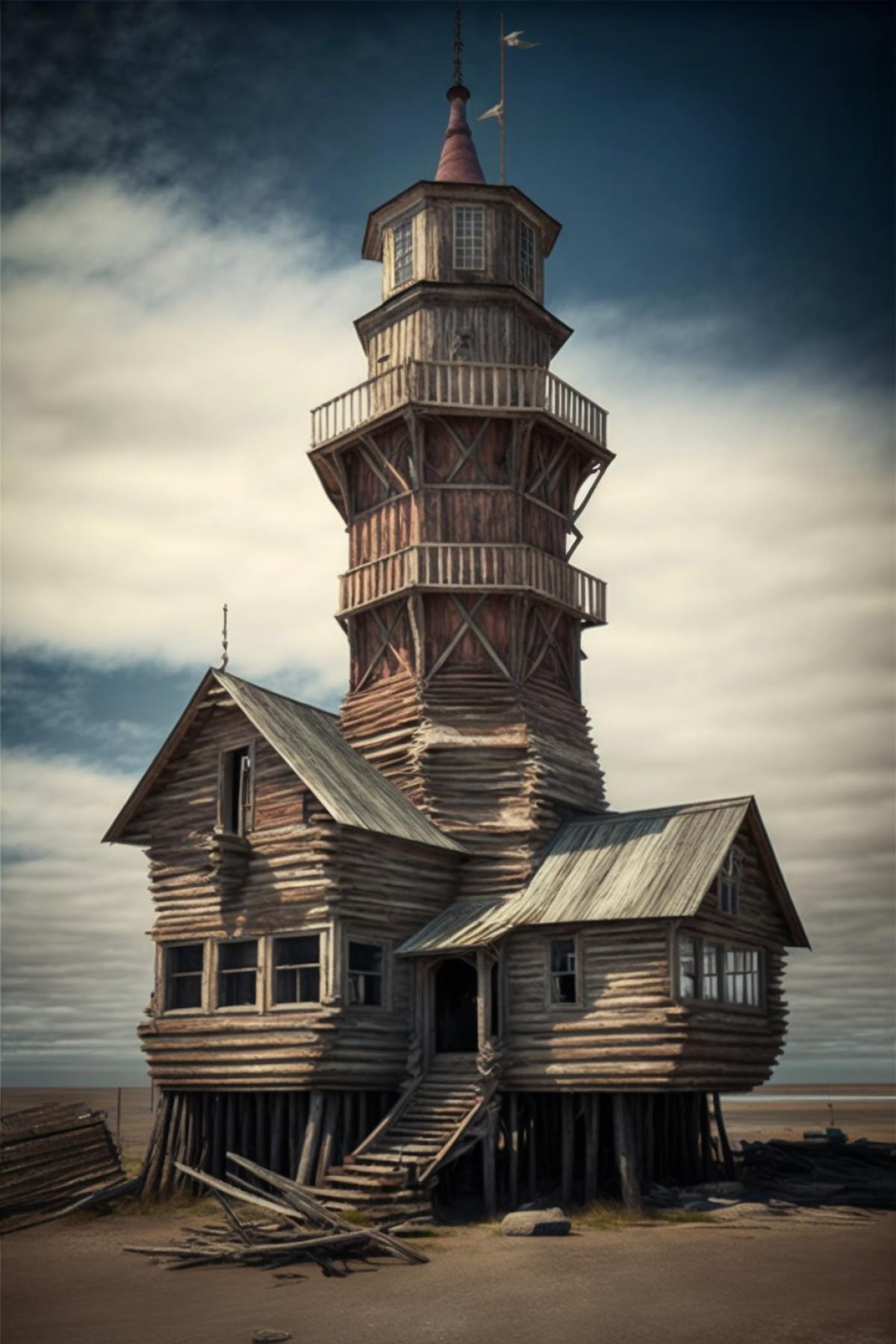 old wooden lighthouse, built of logs, on the shores of the Kara Sea