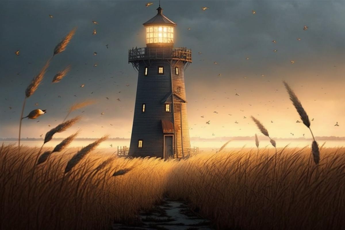 The lighthouse shines in the endless field of corn