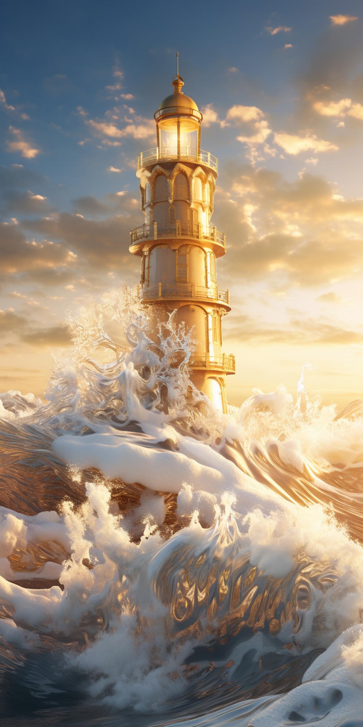portrait of a partly gilded ice Lighthouse, made out of frozen water, frozen splashing waves, frozen ocean, golden hour lighting