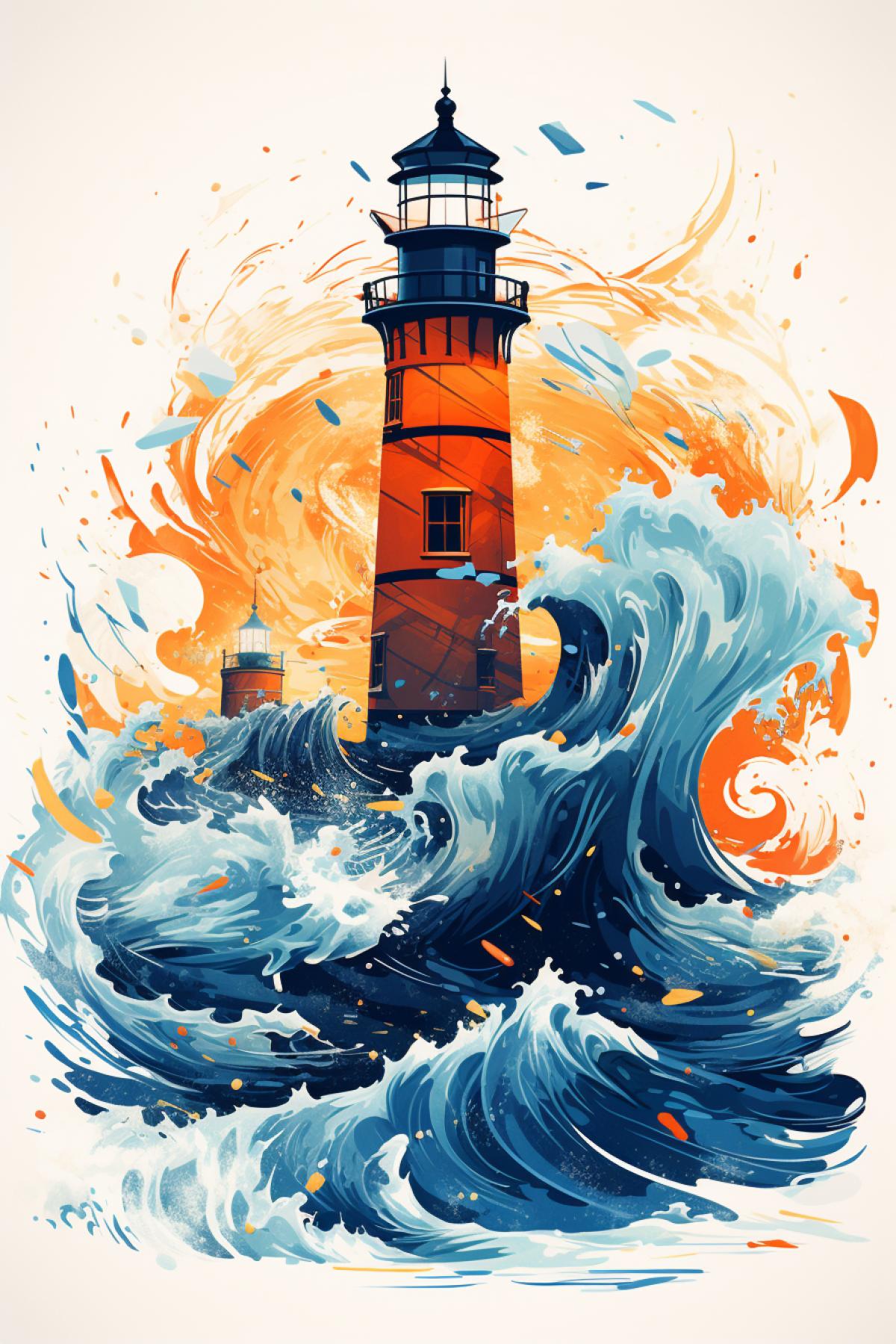 Letter I containing waves and wind and lighthouse on a white background::2::, blue and orange color scheme::1