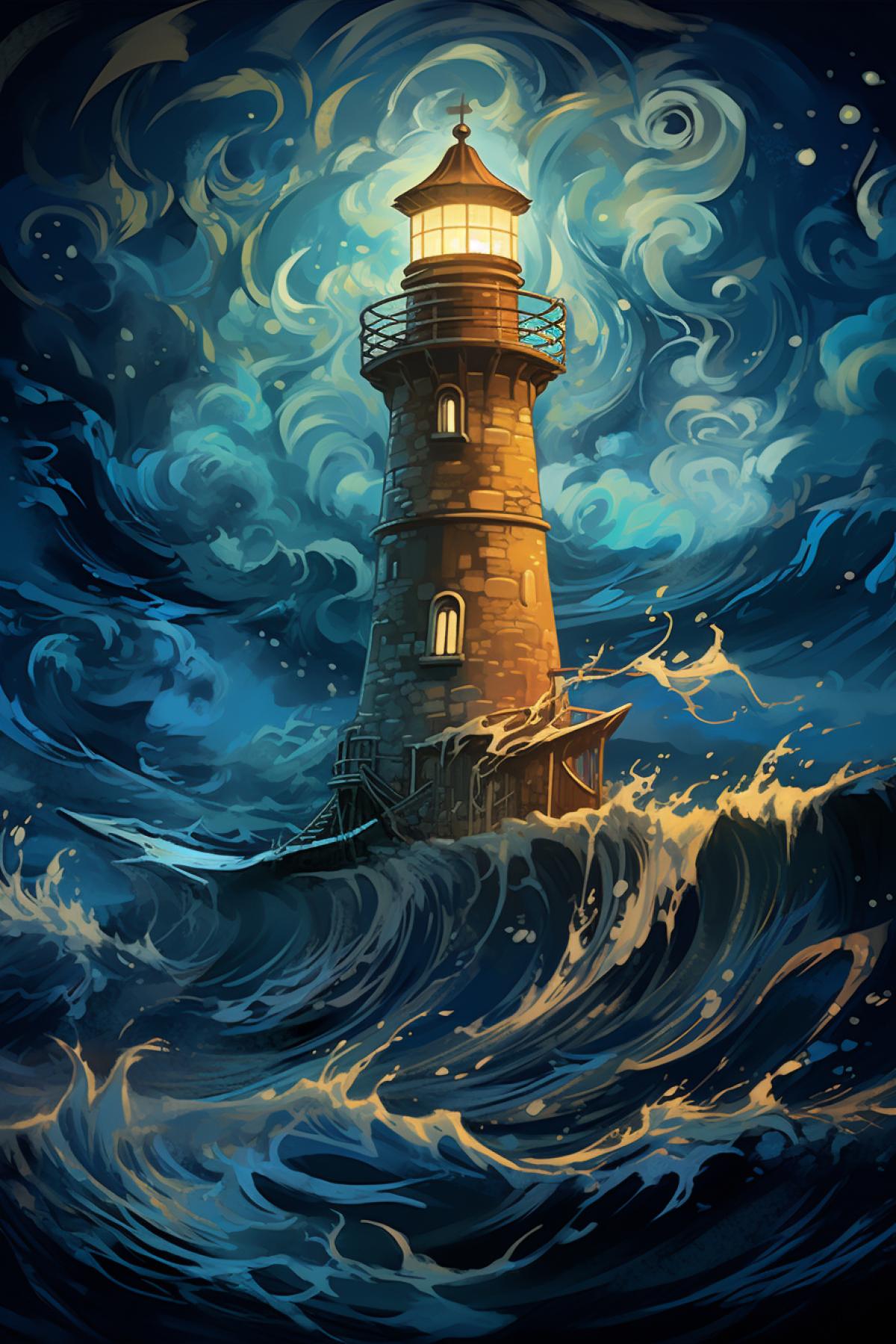 An illustration of a glowing lighthouse on the ocean, in the style of mixes realistic and fantastical elements, dark cyan and gold, i cant believe how beautiful this is, tangled forms, imax, painted illustrations, panoramic scale