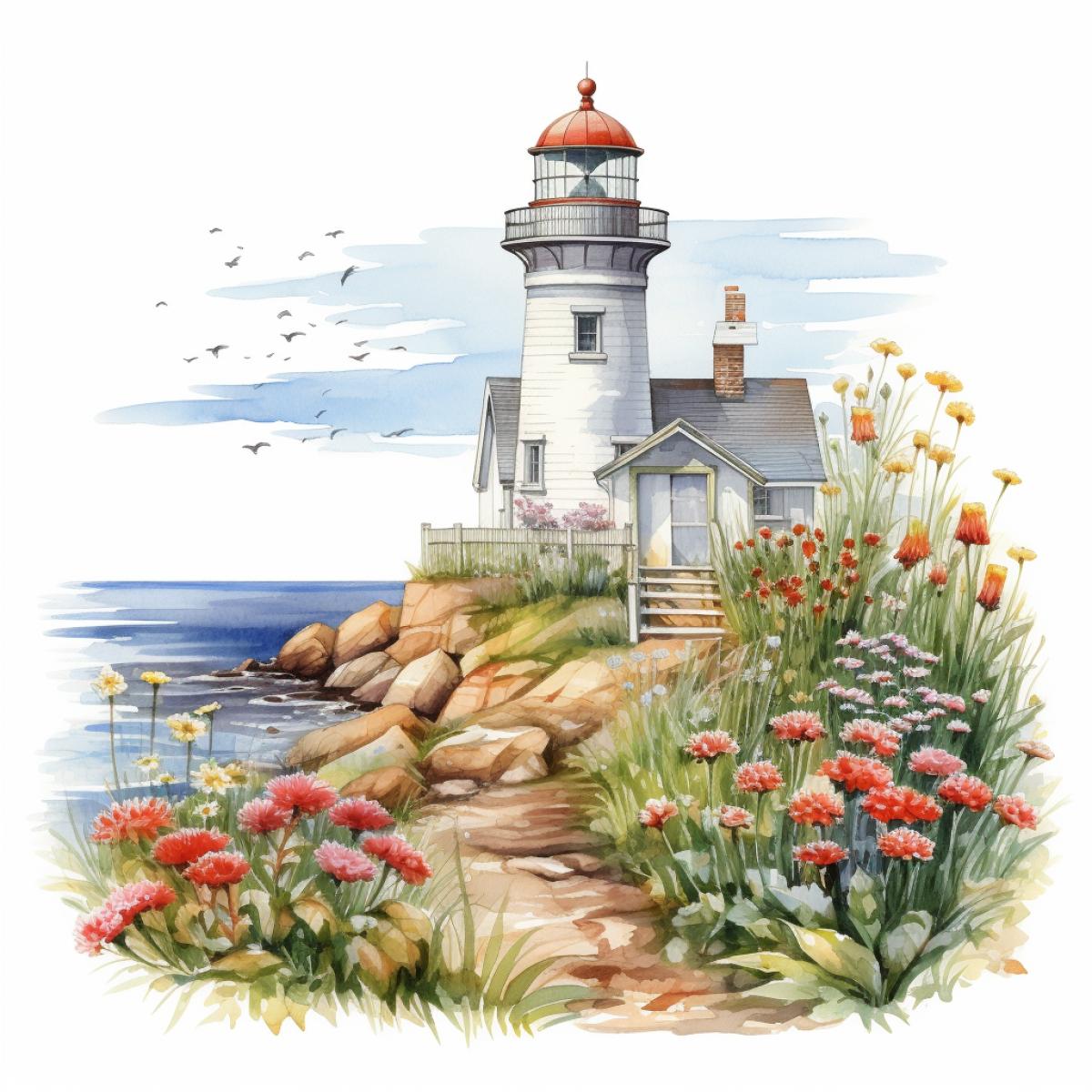 Imagine primitive country lighthouse with flowers, white background