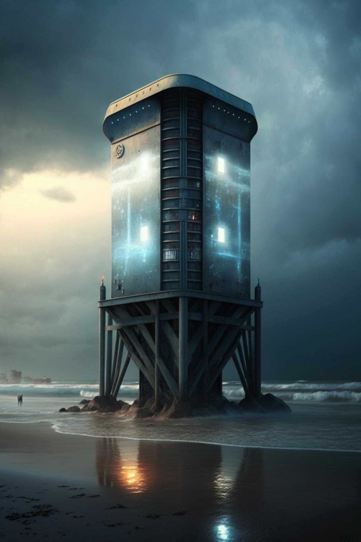high-tech beacon of the future on the shore