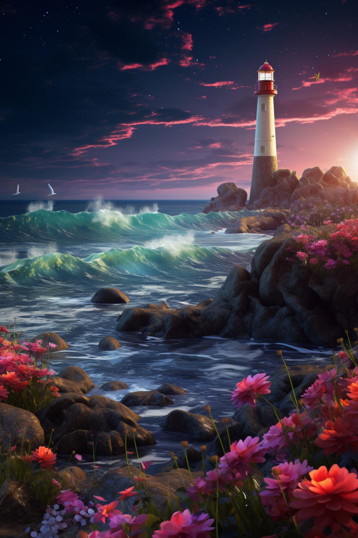 A beach covered in lots of Color rocks under a night sky, Rocks surrounded by roses, Towering lighthouse + lighting, Fluorescent Sea, Moonlight shines on a sea of twinkling stars, a matte painting by Michael James Smith, Reflection, featured on cg society, Volumetric light, space art, bioluminescence, unreal engine 5, Magic of light, rendered in unreal engine, Ultra wide viewing angle, Ultra wide viewing angle