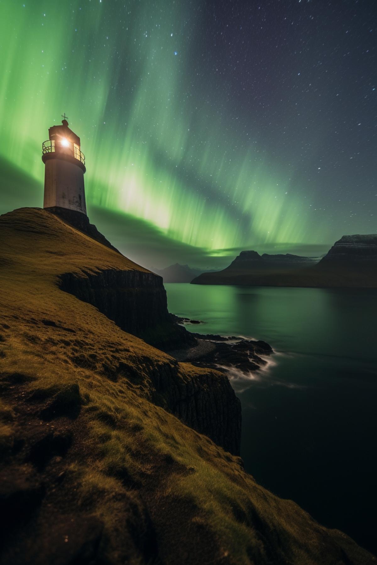 Night, northern lights, lighthouse in the Faroe Islands