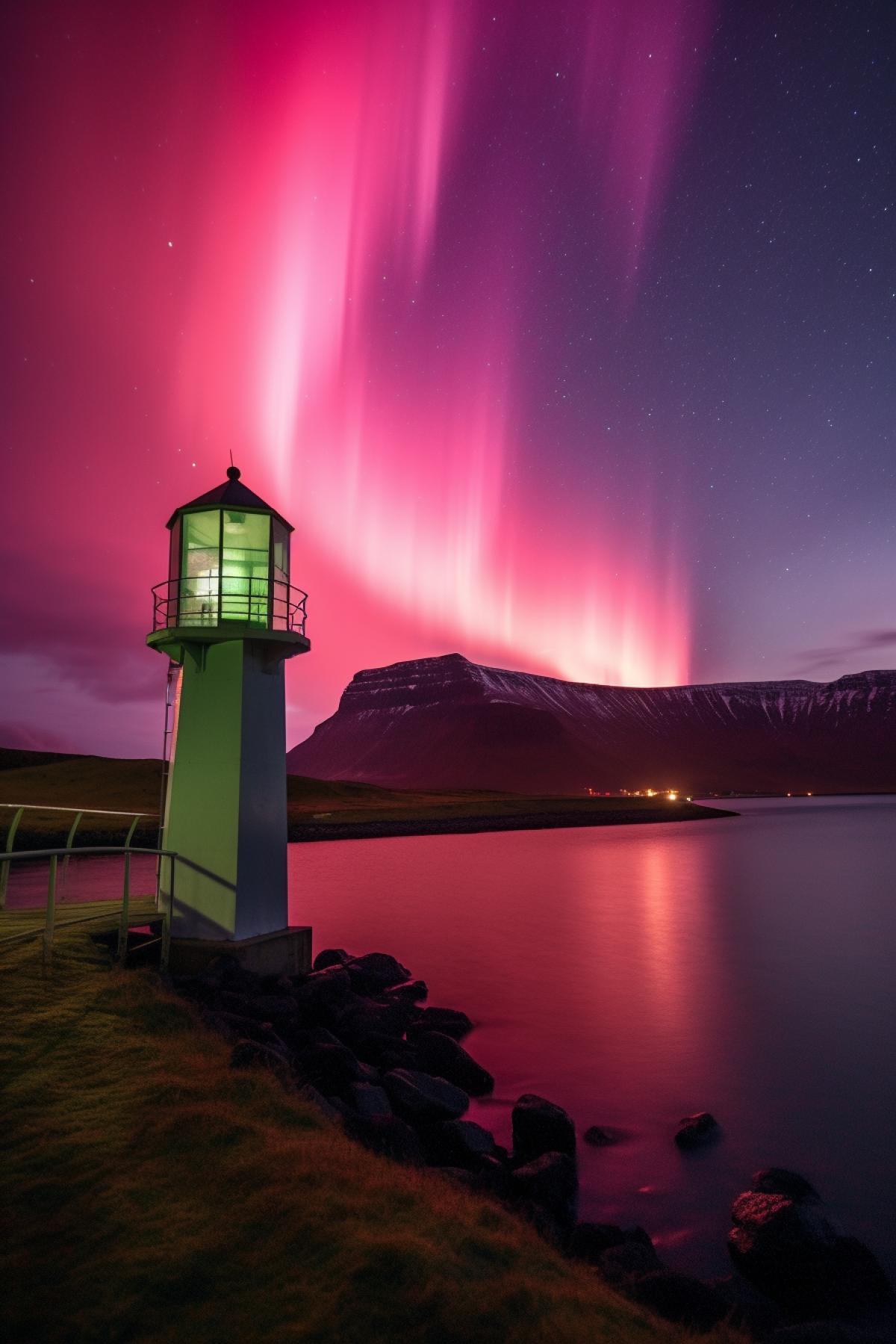Night, northern lights, lighthouse in the Faroe Islands
