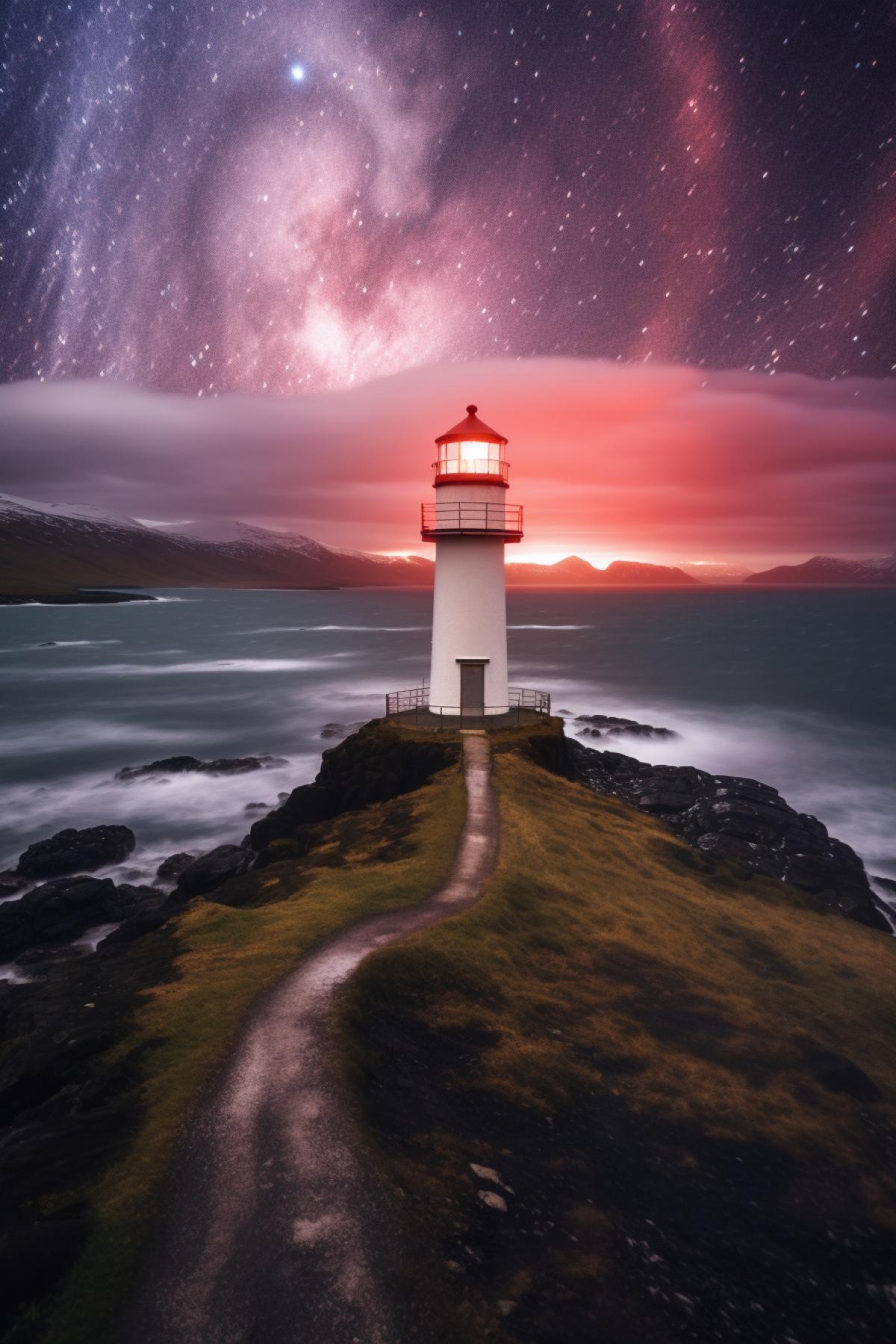 Night, northern lights, lighthouse in the Faroe Islands
