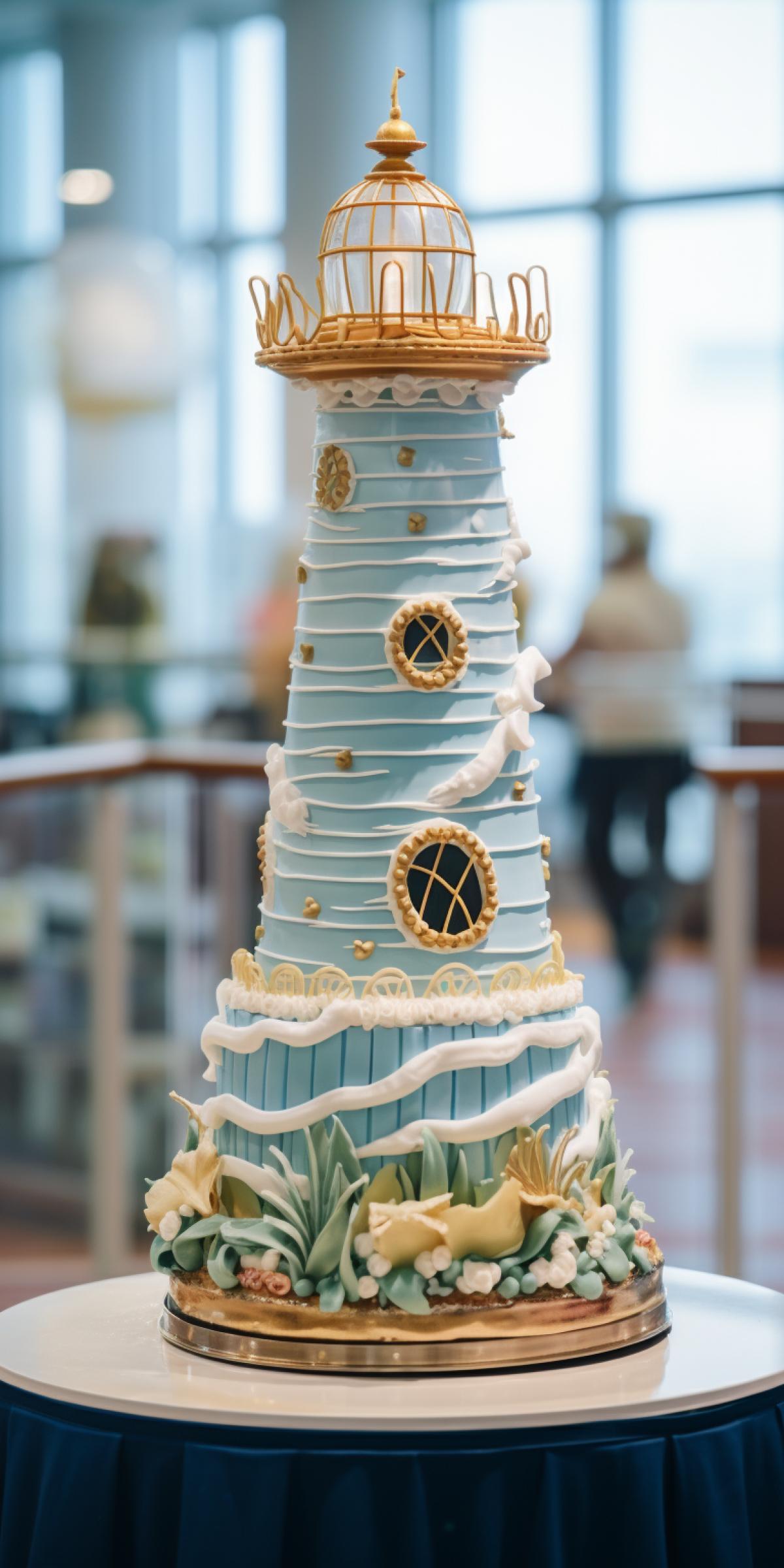 Very beautiful cake in the shape of a lighthouse, pastry craftsmanship, expensive dessert, photo Nikon