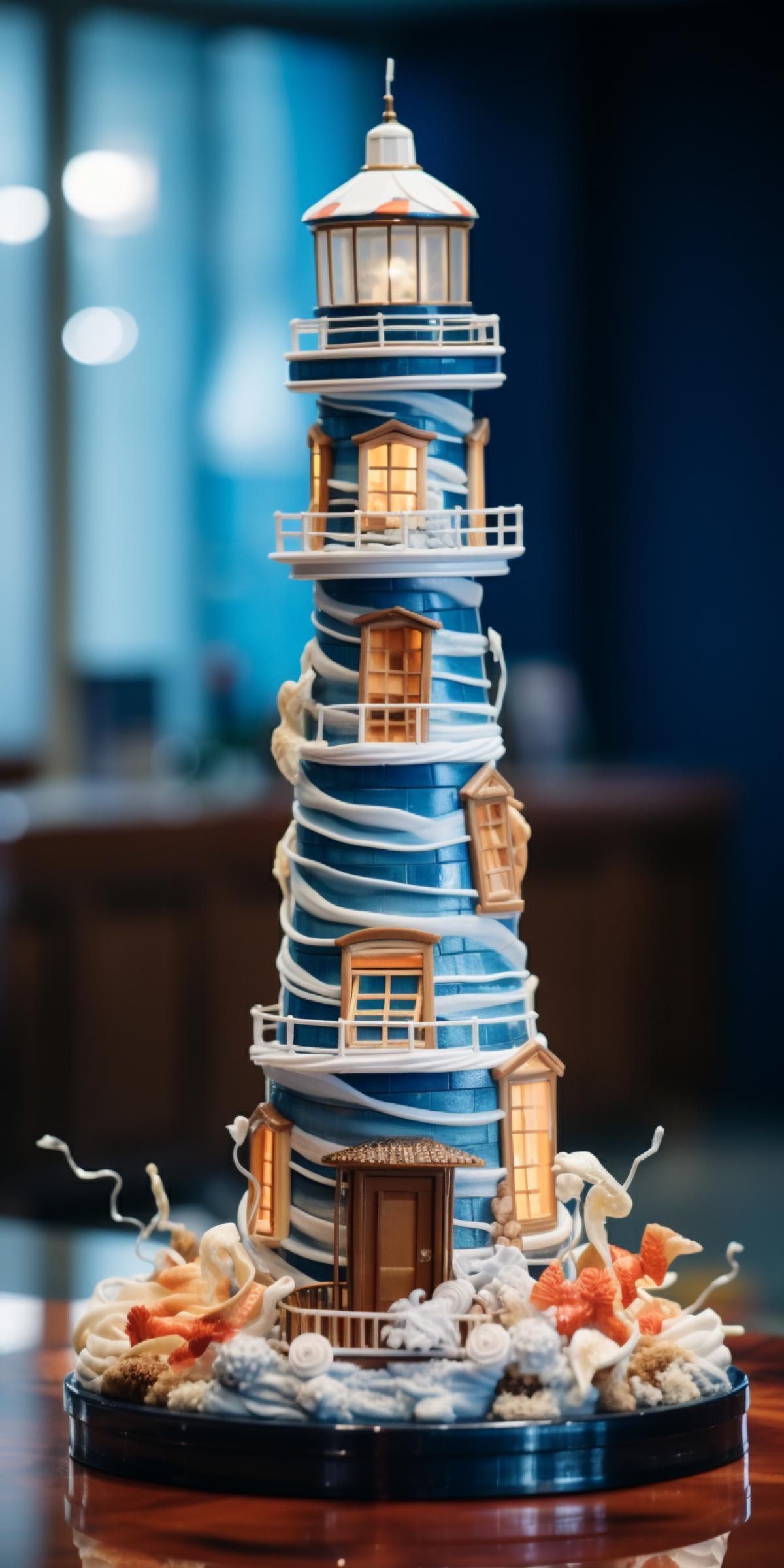 Very beautiful cake in the shape of a lighthouse, pastry craftsmanship, expensive dessert, photo Nikon