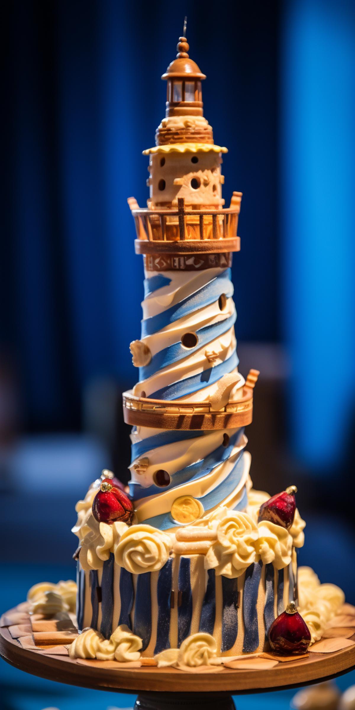 Very beautiful cake in the shape of a lighthouse, pastry craftsmanship, expensive dessert, photo Nikon