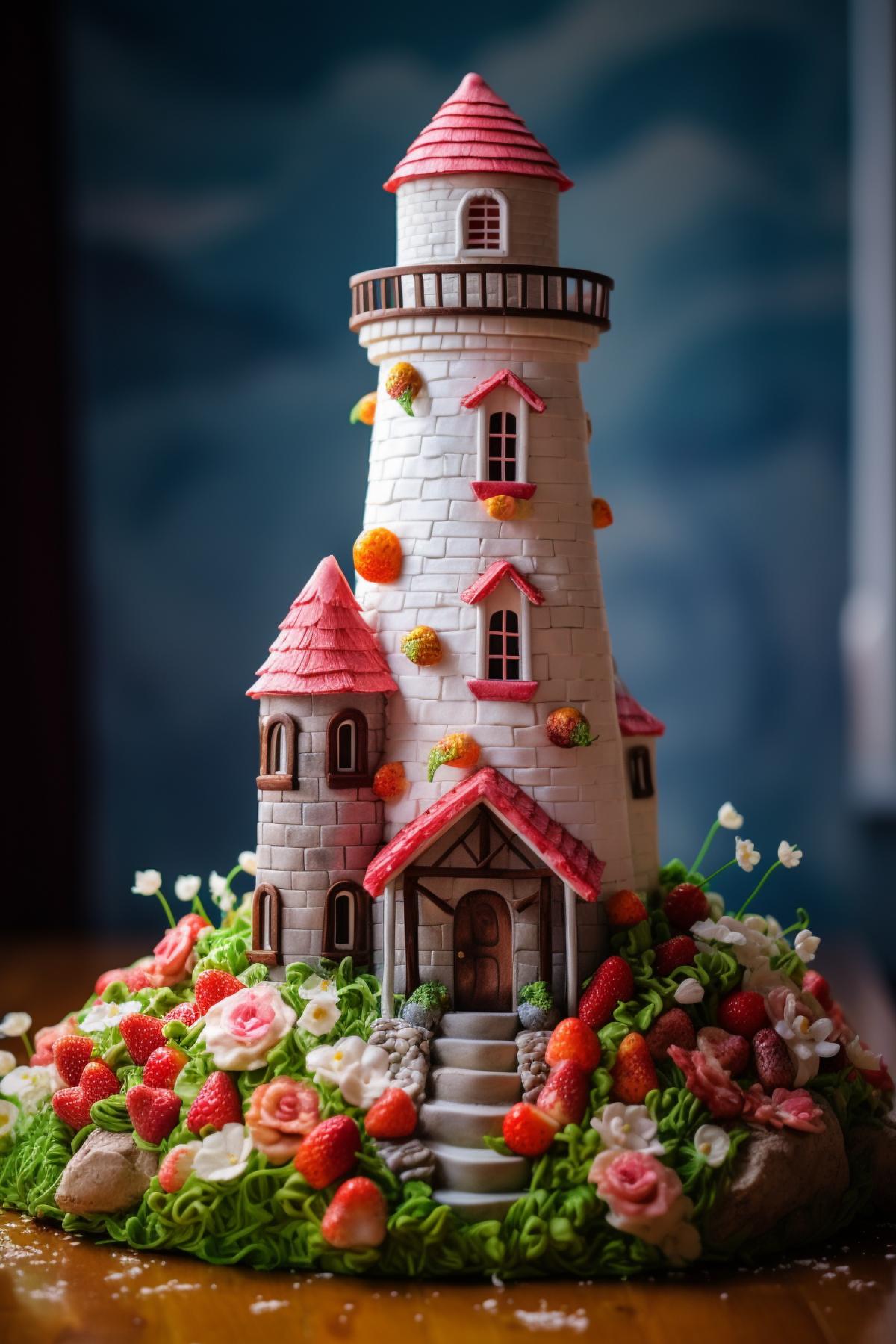 Very beautiful cake in the shape of a lighthouse, strawberries at the base, pastry workmanship, expensive dessert, photo Nikon