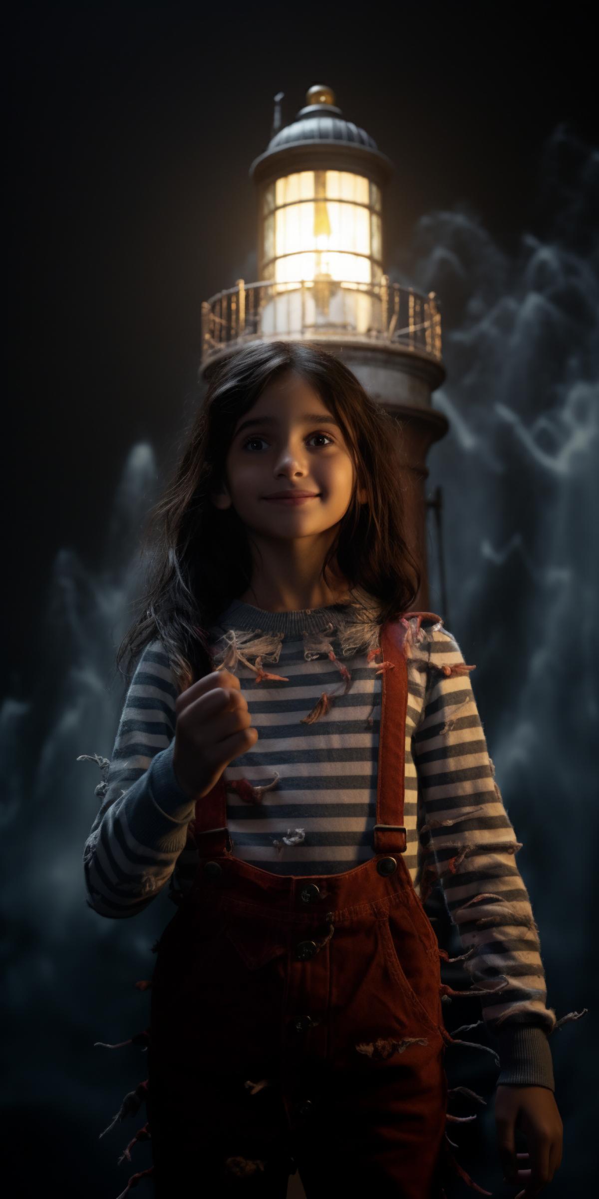 A girl walks in the dark and holds a luminous model of a lighthouse in her hands, high detail, detailed textures, perfect com4k, high quality, high resolution, Sony Pictures