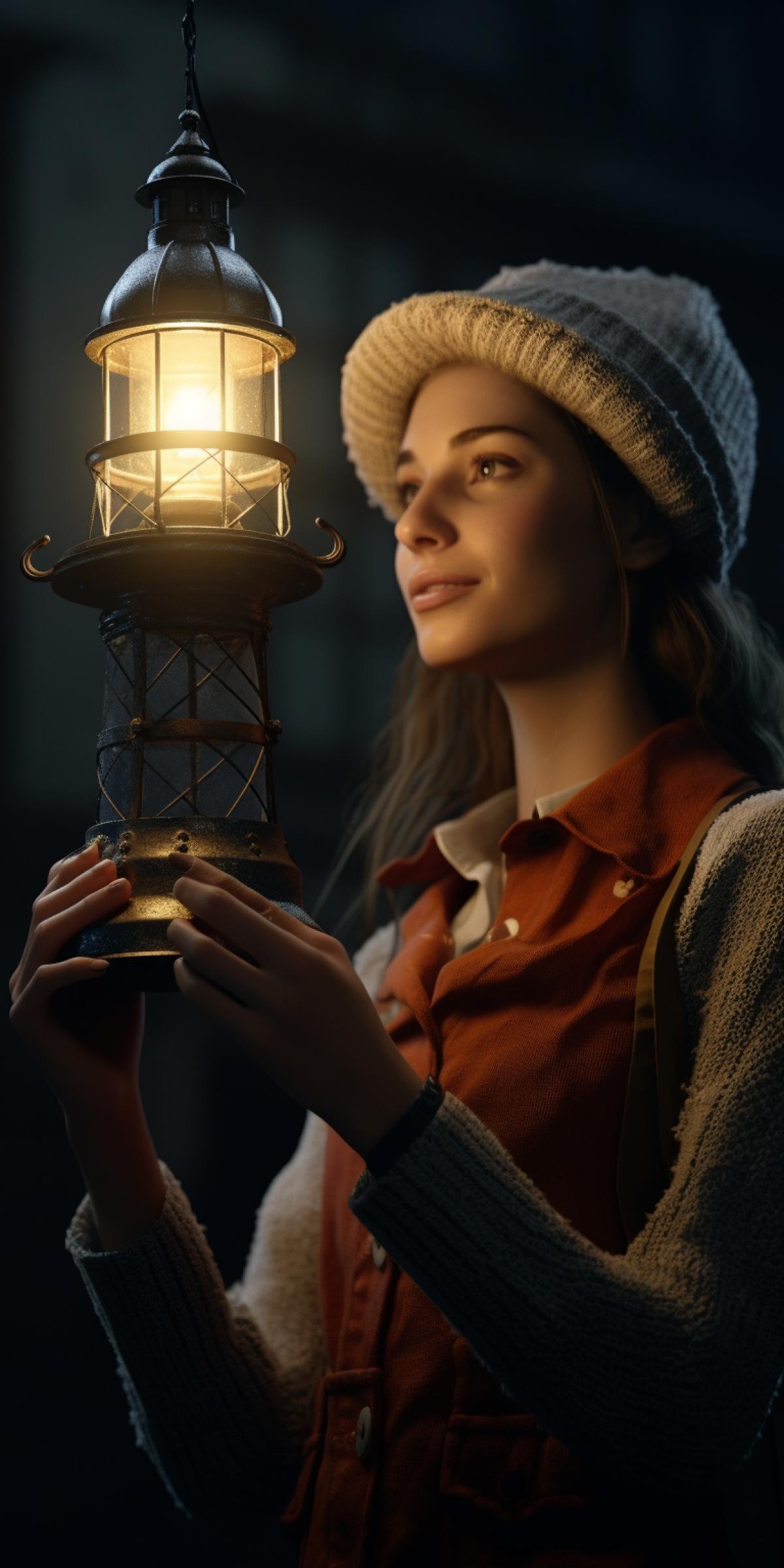 A girl walks in the dark and holds a luminous model of a lighthouse in her hands, high detail, detailed textures, perfect com4k, high quality, high resolution, Sony Pictures
