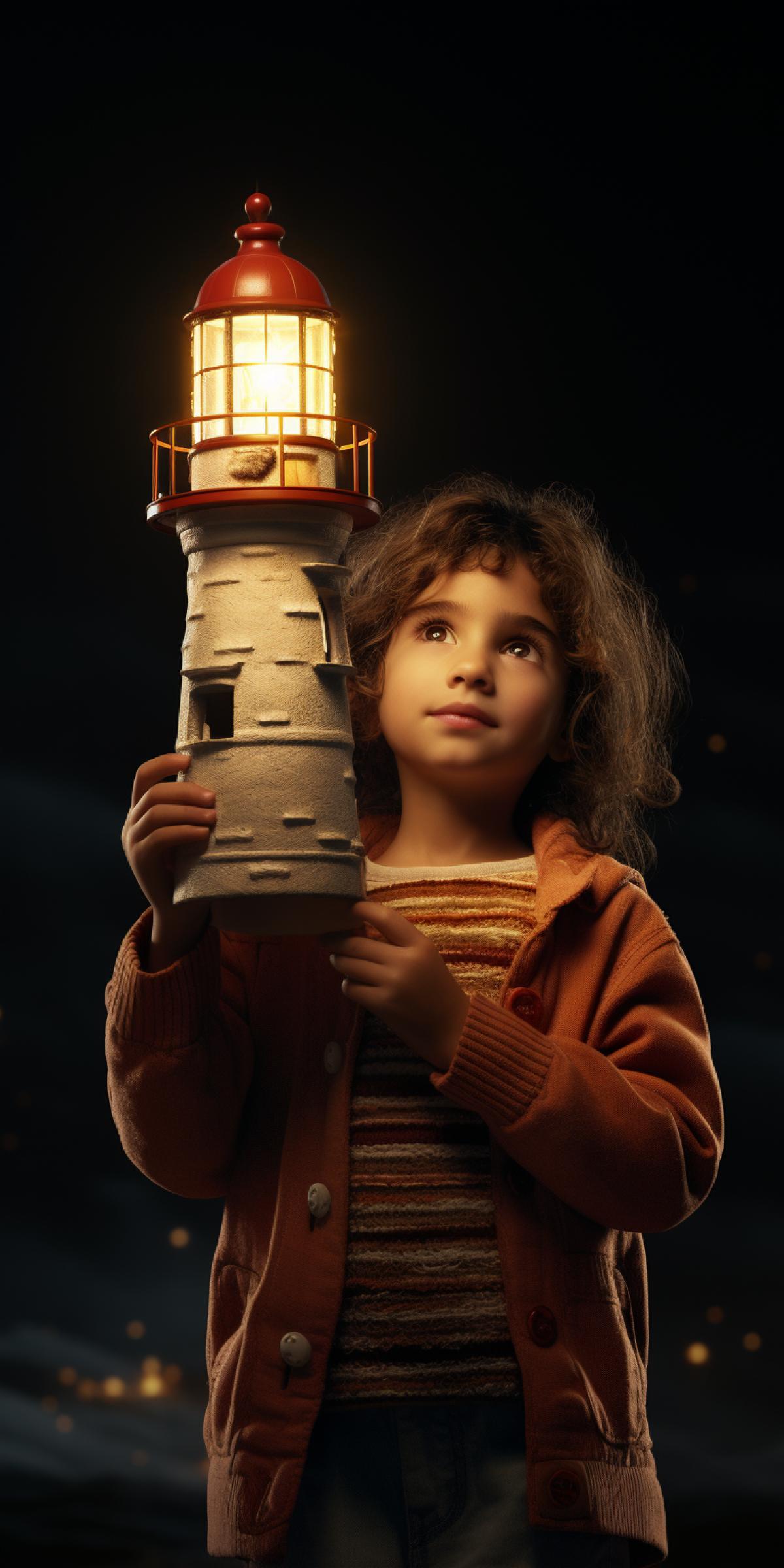 A girl walks in the dark and holds a luminous model of a lighthouse in her hands, high detail, detailed textures, perfect com4k, high quality, high resolution, Sony Pictures