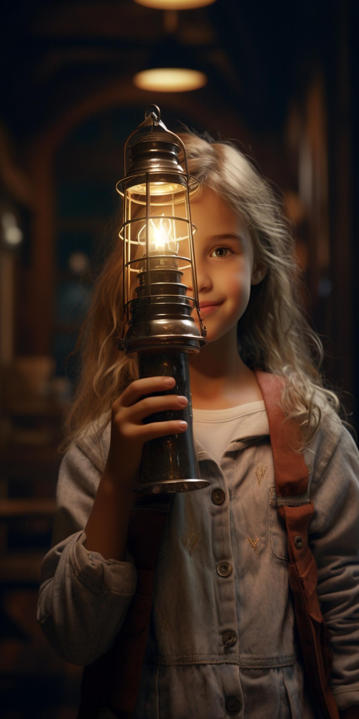 A girl walks in the dark and holds a luminous model of a lighthouse in her hands, high detail, detailed textures, perfect com4k, high quality, high resolution, Sony Pictures