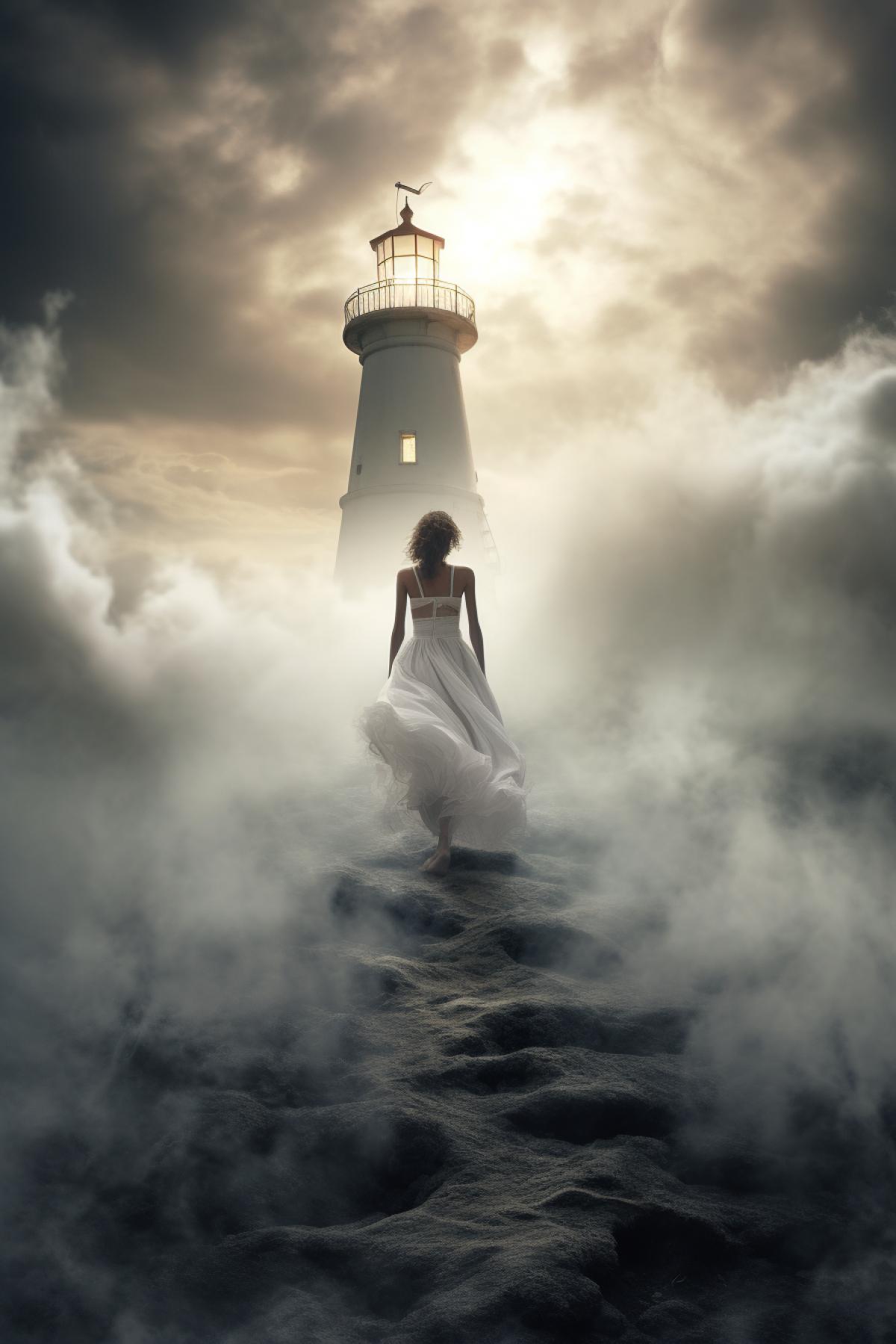 Tired angel walking to the lighthouse through the clouds