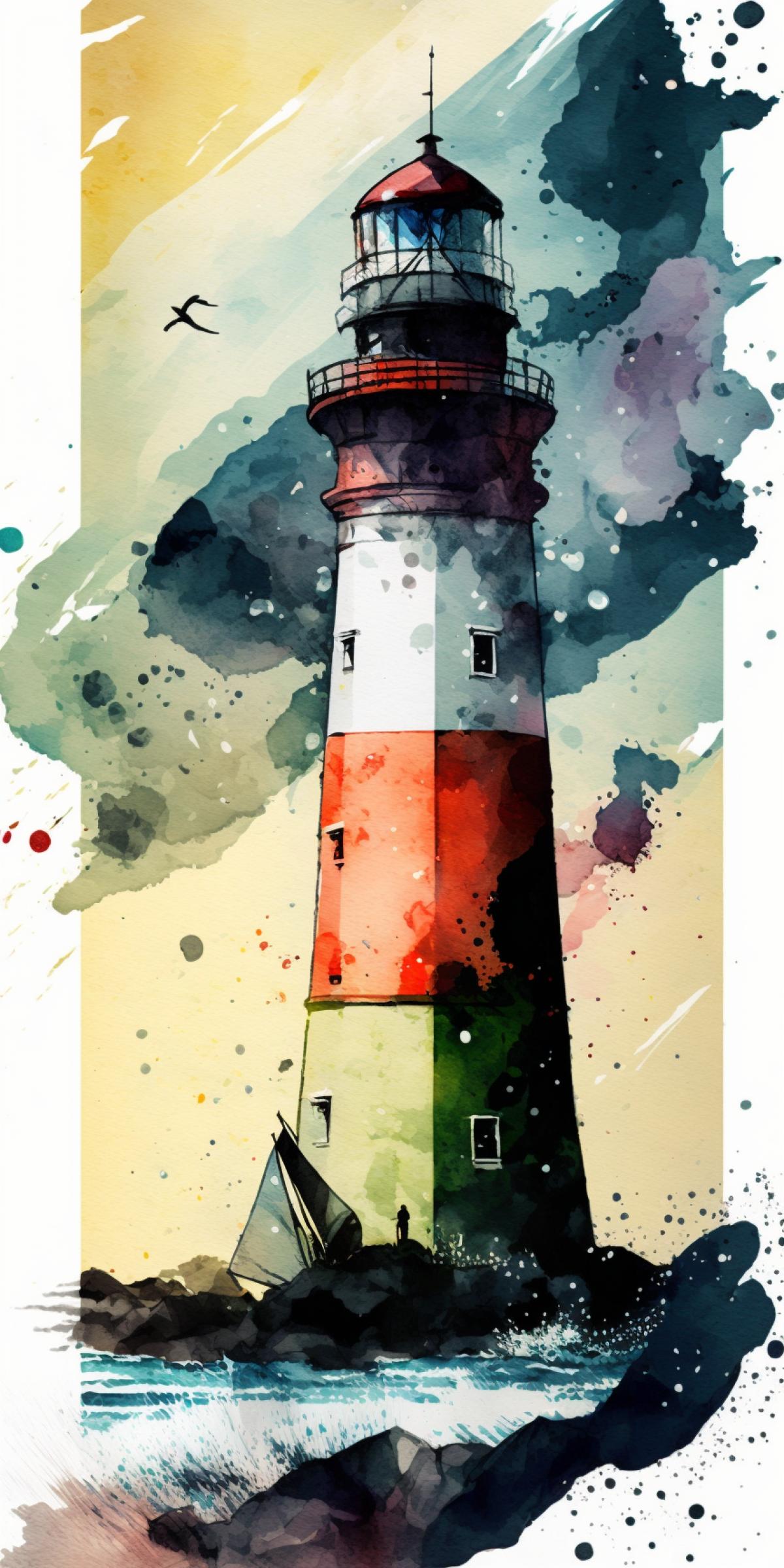 Lighthouse watercolor sketch on grainy paper, bright colors, colorful splashes