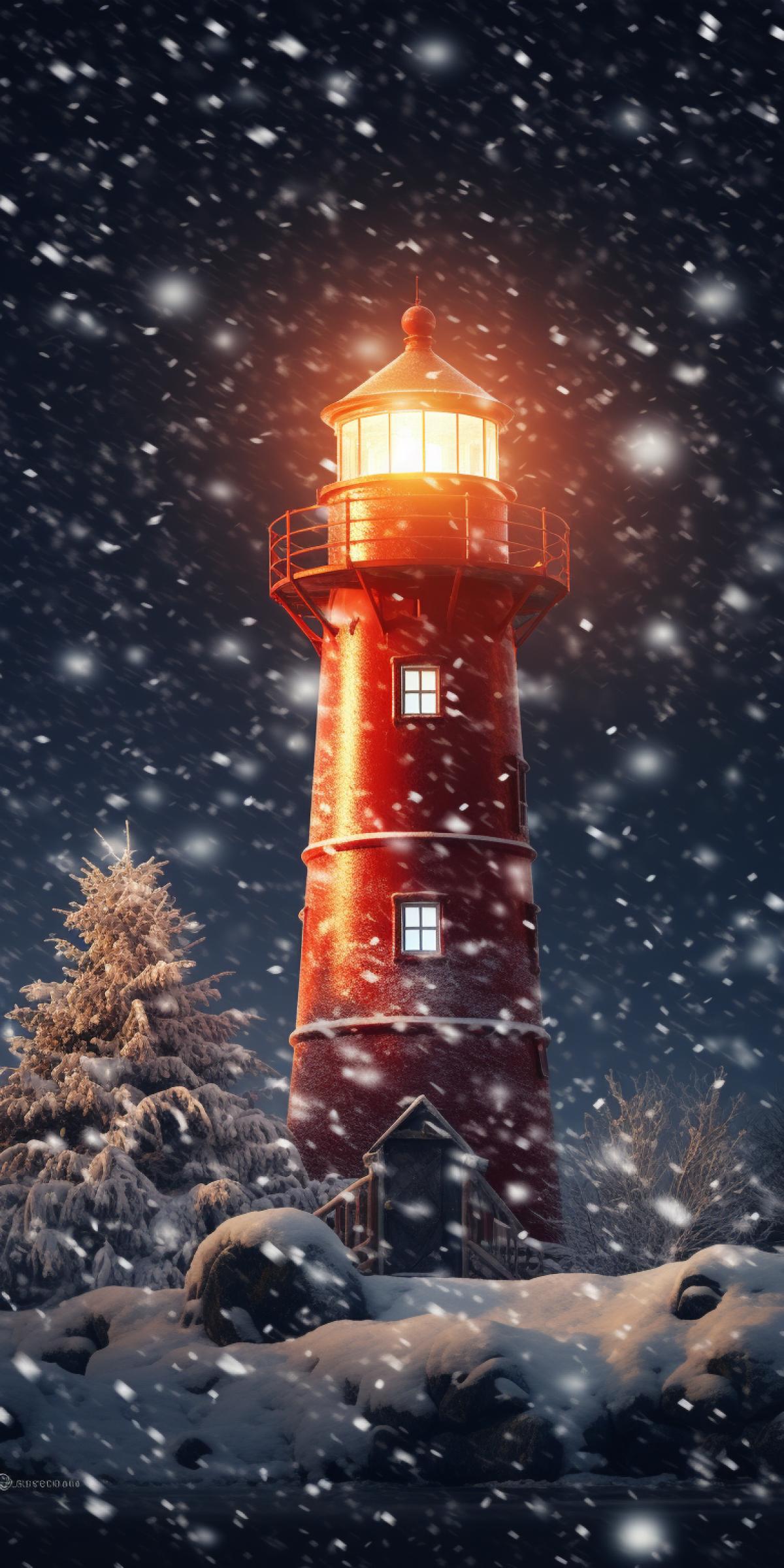 Lighthouse surrounded by snowfall, high detail, detailed textures, perfect com4k, high quality, high resolution, Sony Pictures
