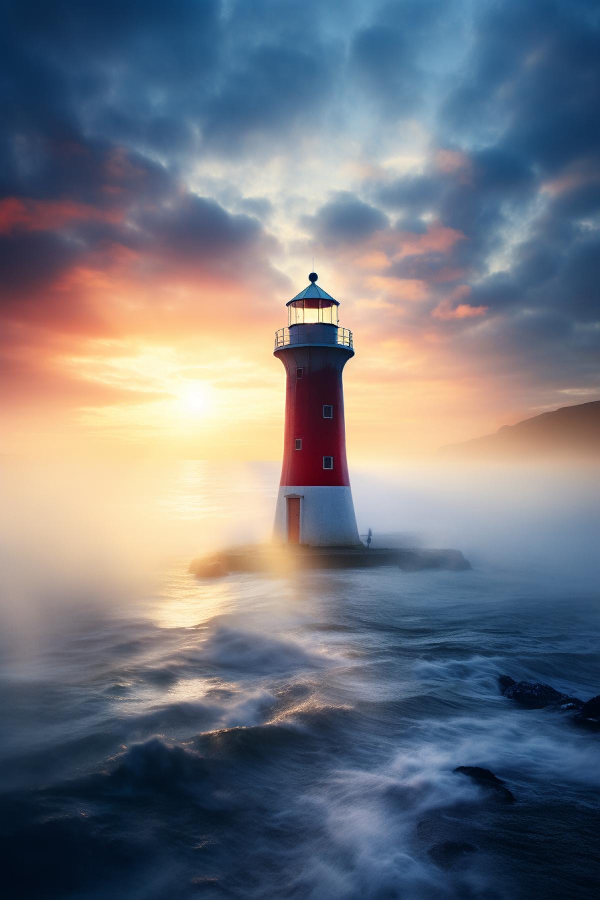 Lighthouse and Morning rays in the style of Marcin Sobas