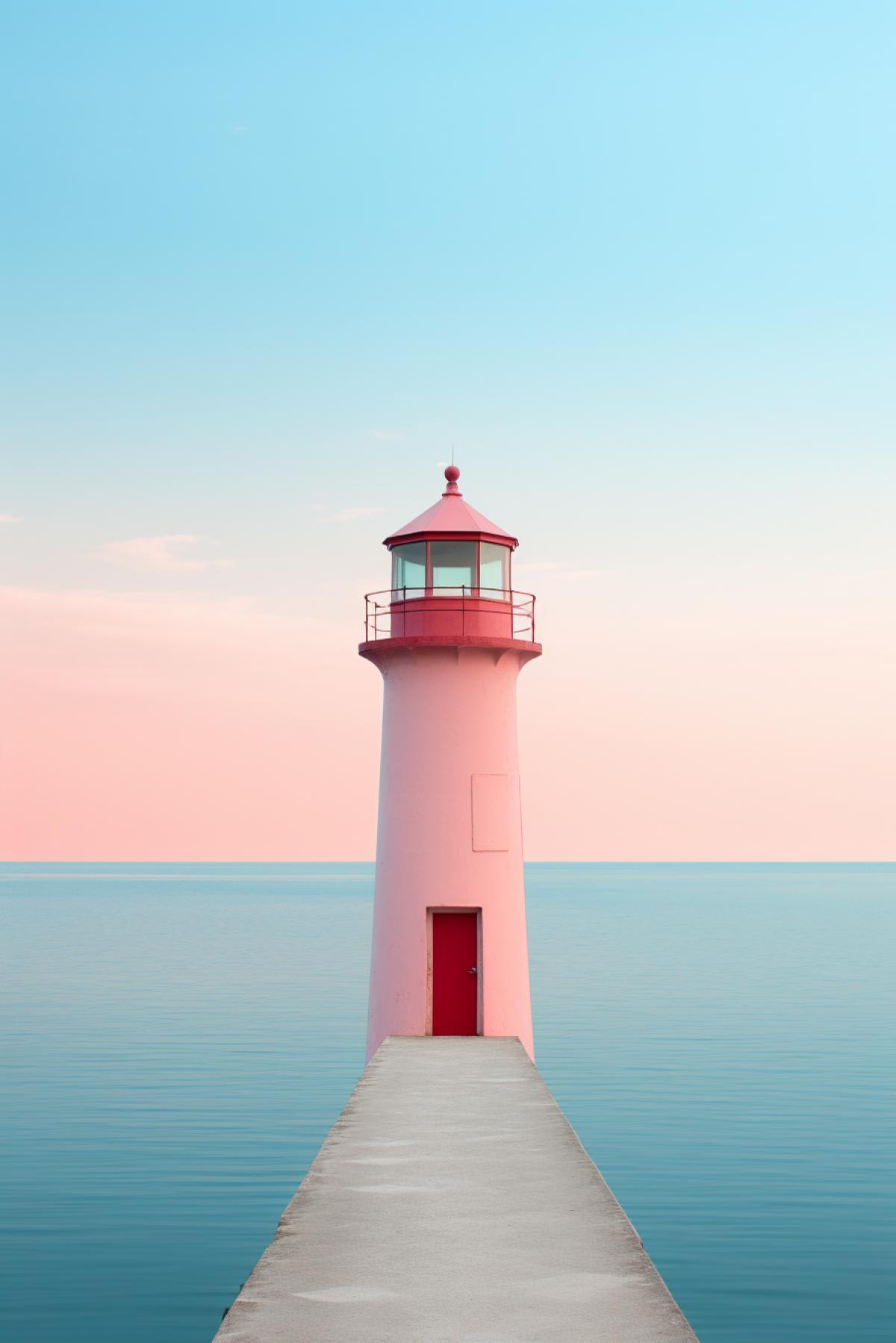Lighthouse, ultra minimalistic, color blocking, light rose and blue colors, photo