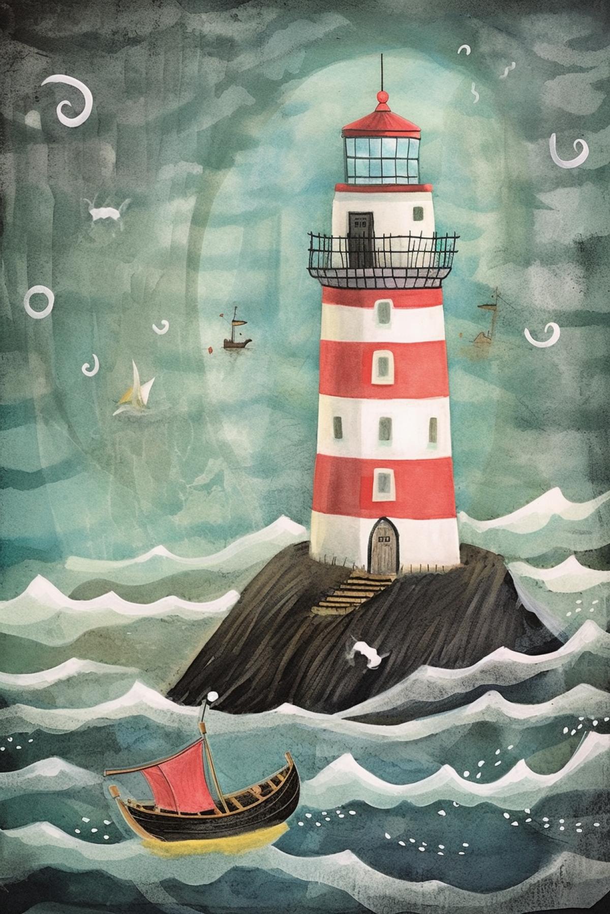 Childrens drawing of a lighthouse and a ship and the sea