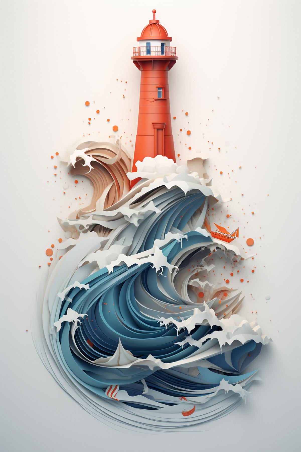 Letter I containing waves and wind and lighthouse on a white background::2::, blue and orange color scheme::1