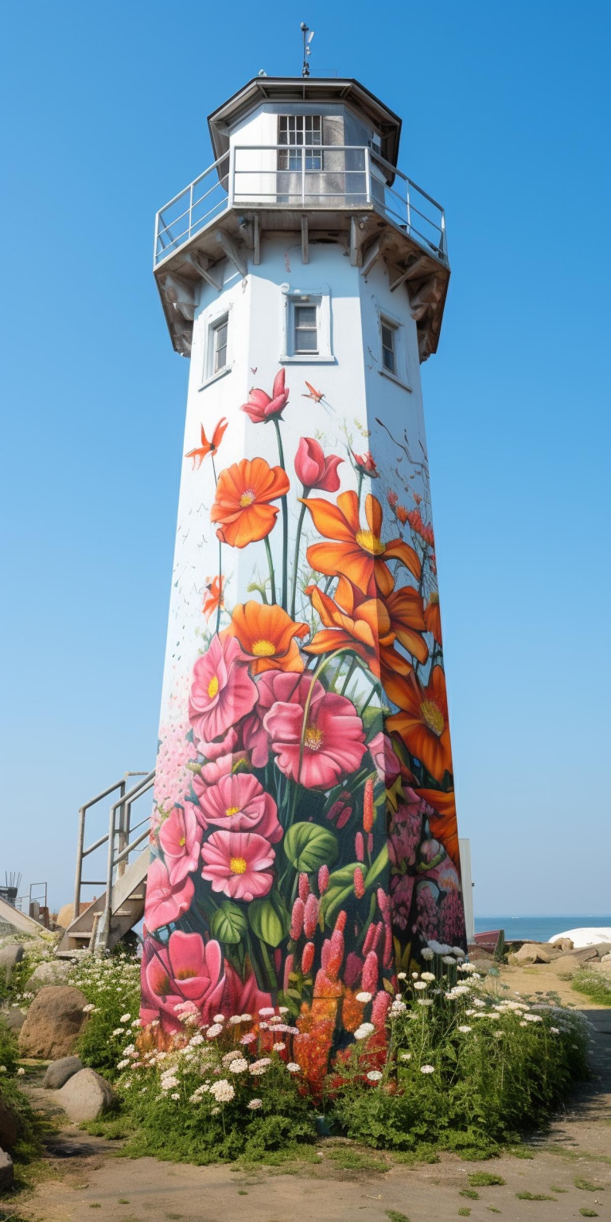 Lighthouse painted with flowers and stems, street art, Nikon