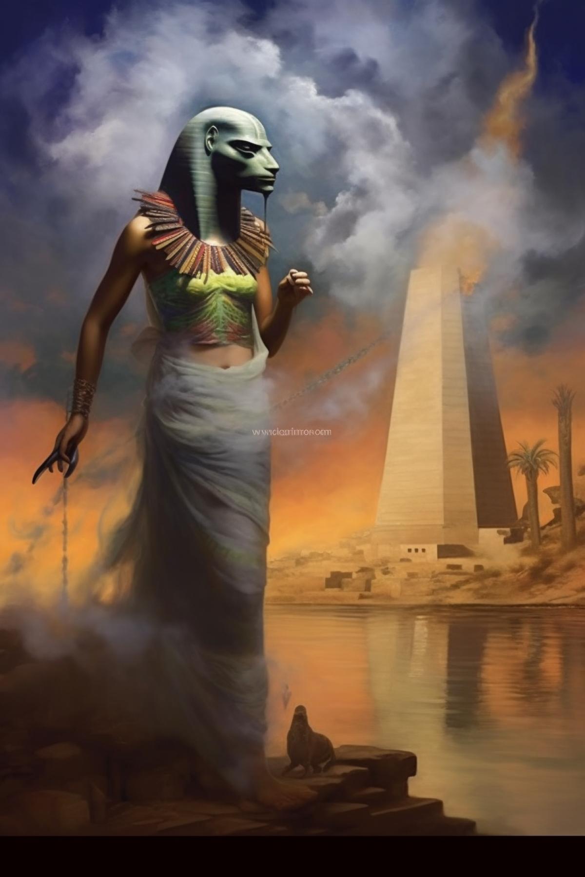Smoke, a huge magic genie in the mask of Osiris, stone gates nearby, behind the gates in the distance pyramids surrounded by a river, in the style of oil painting by William Adolphe Bouguereau